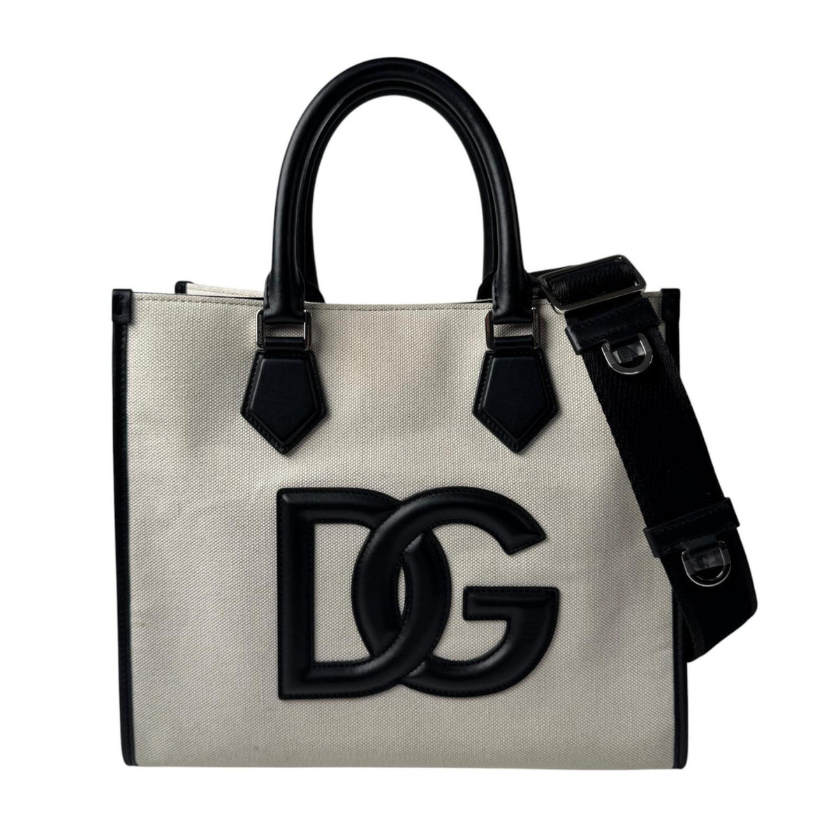 Dolce & Gabbana Black Ivory Canvas Leather Shoulder Bag Tote Bag (Pre-Owned)