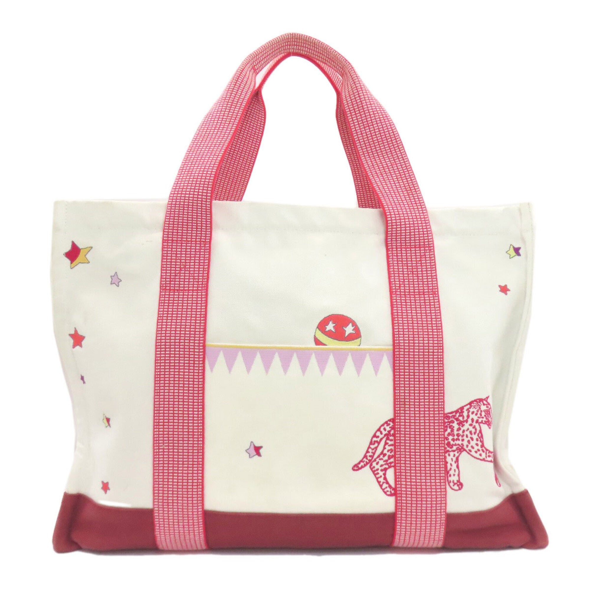 Hermes Red Color White Canvas Tote Bag (Pre-Owned)