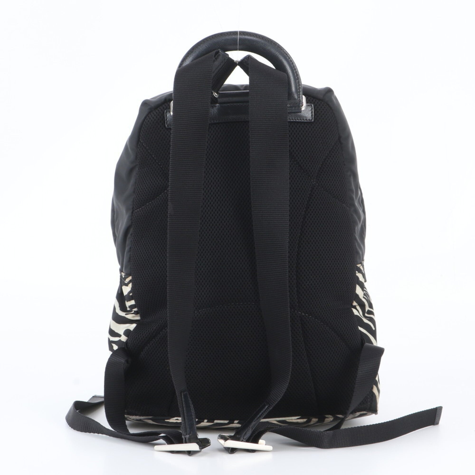 Prada Black White Leather Nylon Backpack Handbag (Pre-Owned)