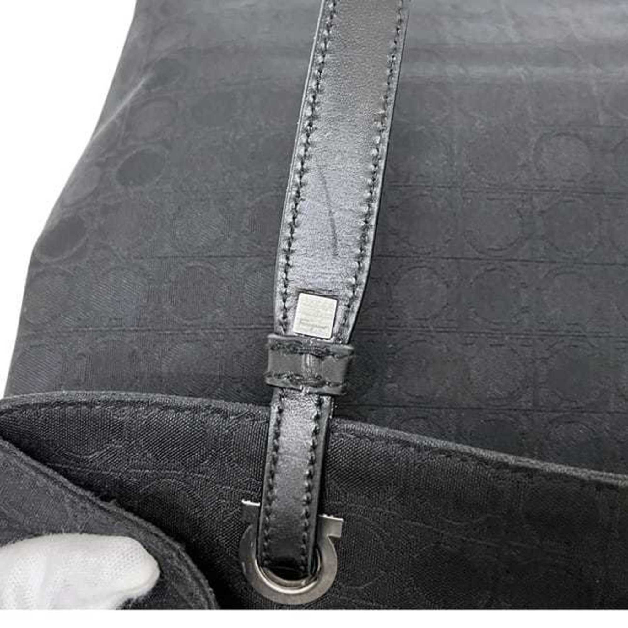 Salvatore Ferragamo Gancini Black Canvas Leather Tote Bag (Pre-Owned)