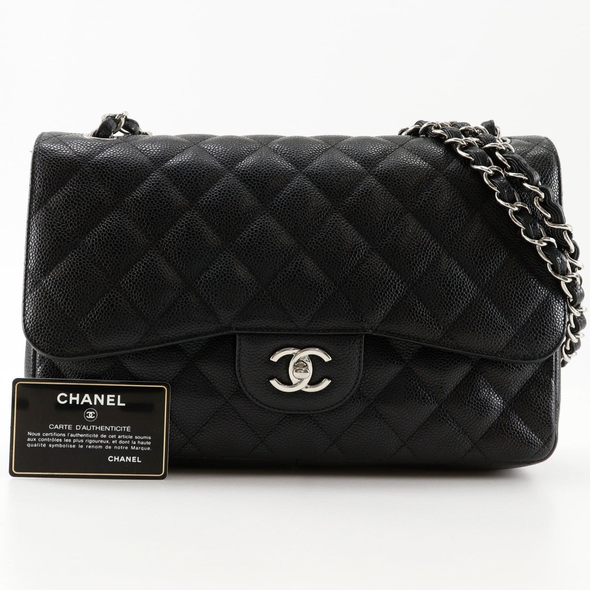 Chanel Black Silver Grained Calfskin Leather Shoulder Bag (Pre-Owned)