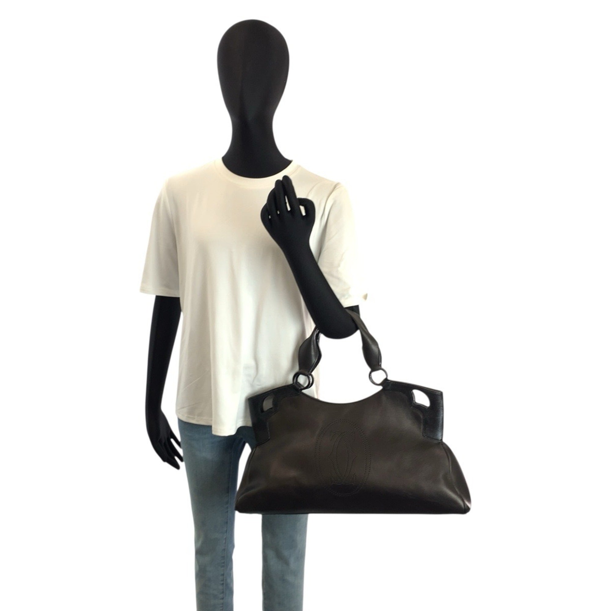Cartier Black Leather Handbag Shoulder Bag Tote Bag (Pre-Owned)