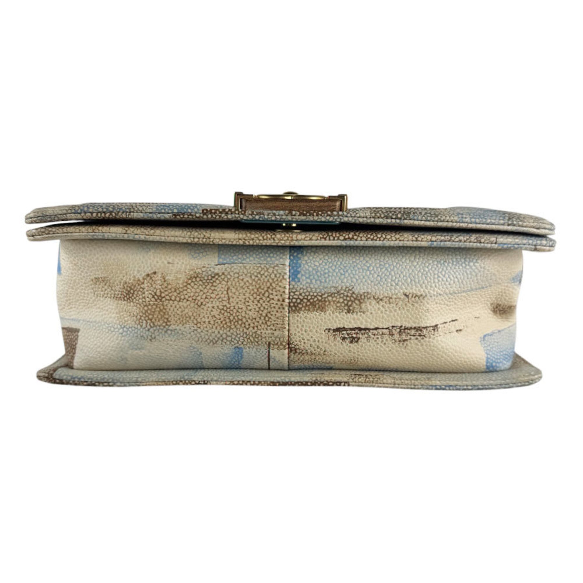 Chanel Beige Blue Brown Grained Calfskin Shoulder Bag (Pre-Owned)