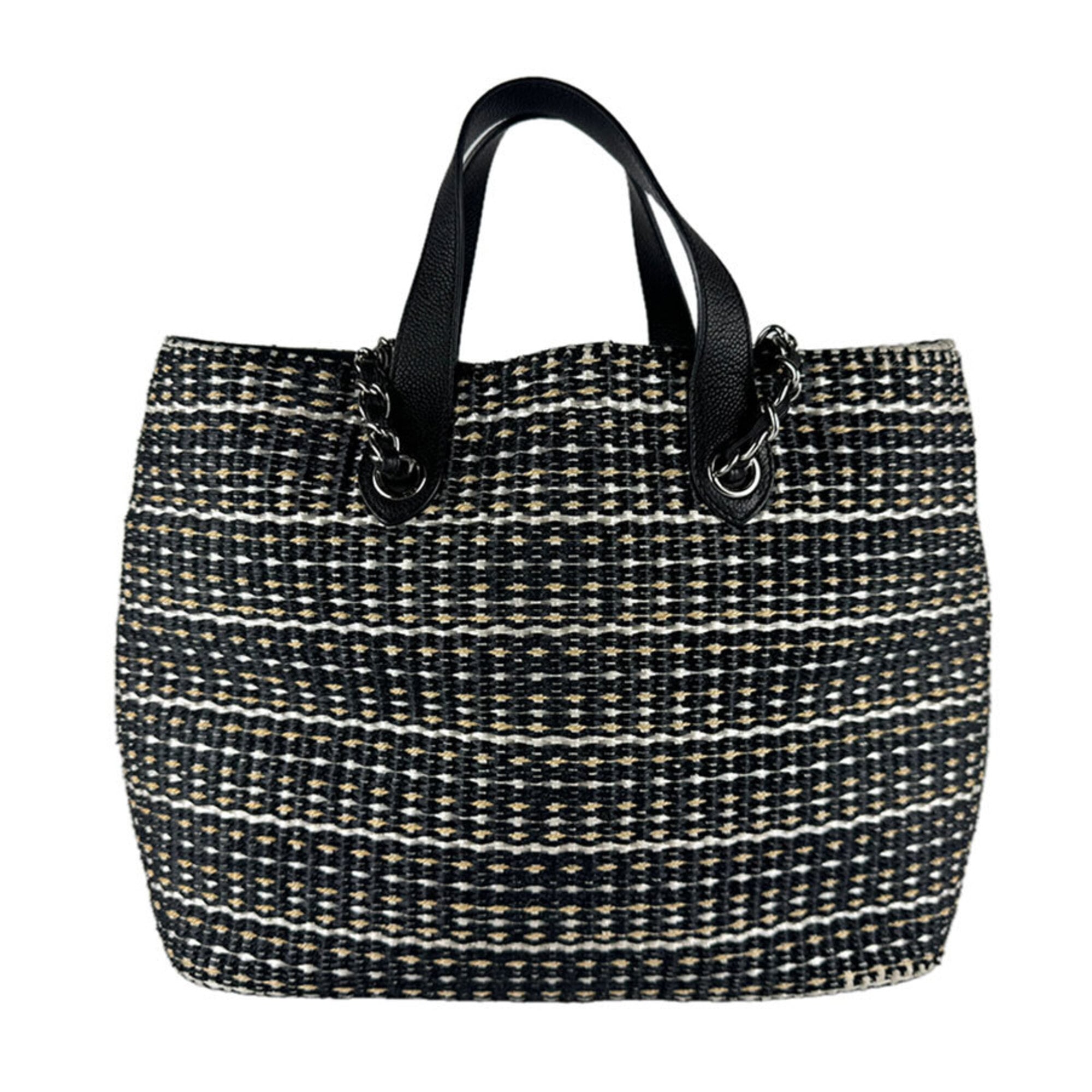 Chanel Beige Black White Raffia Handbag Shoulder Bag (Pre-Owned)
