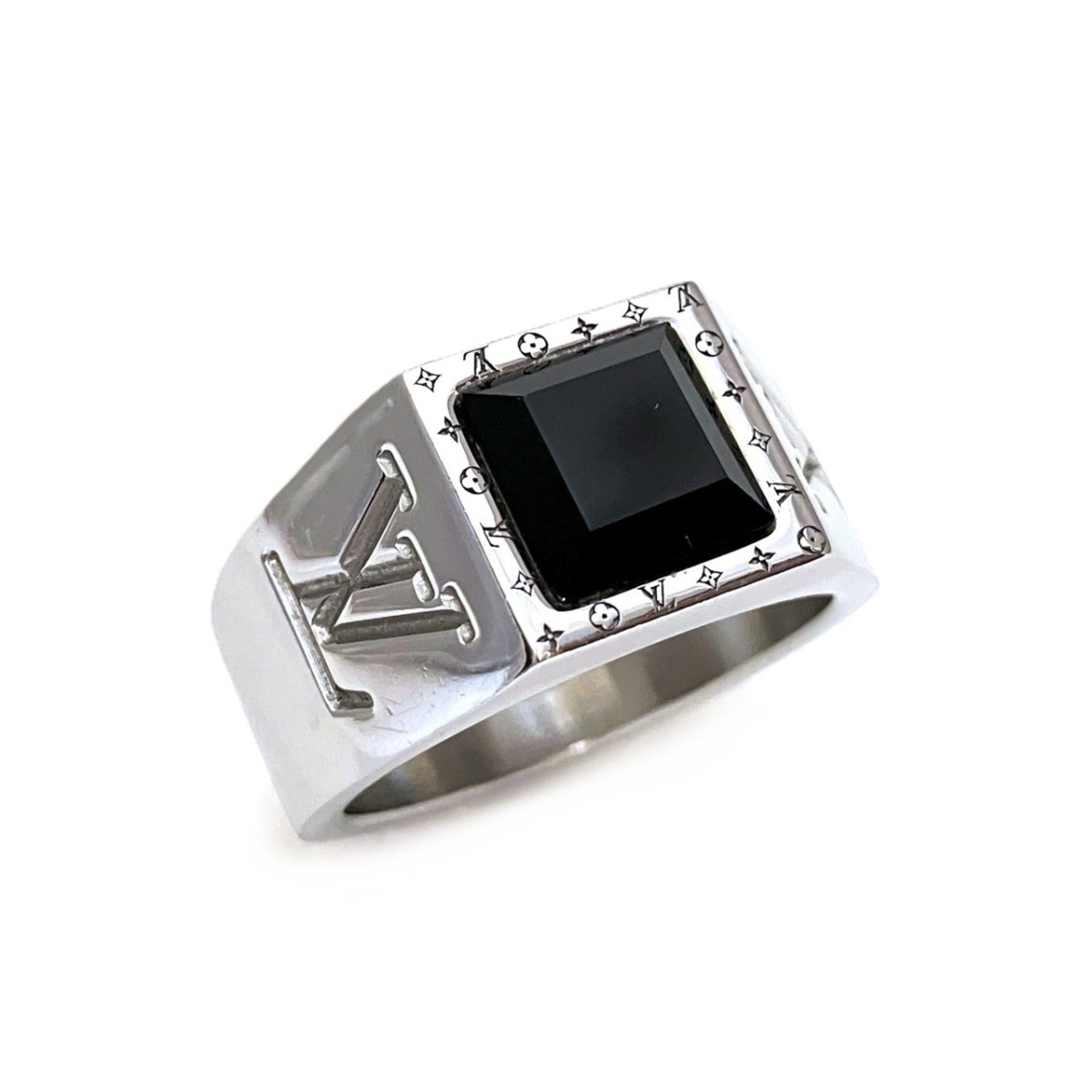 Louis Vuitton Silver Black Monogram Band Ring (Pre-Owned)