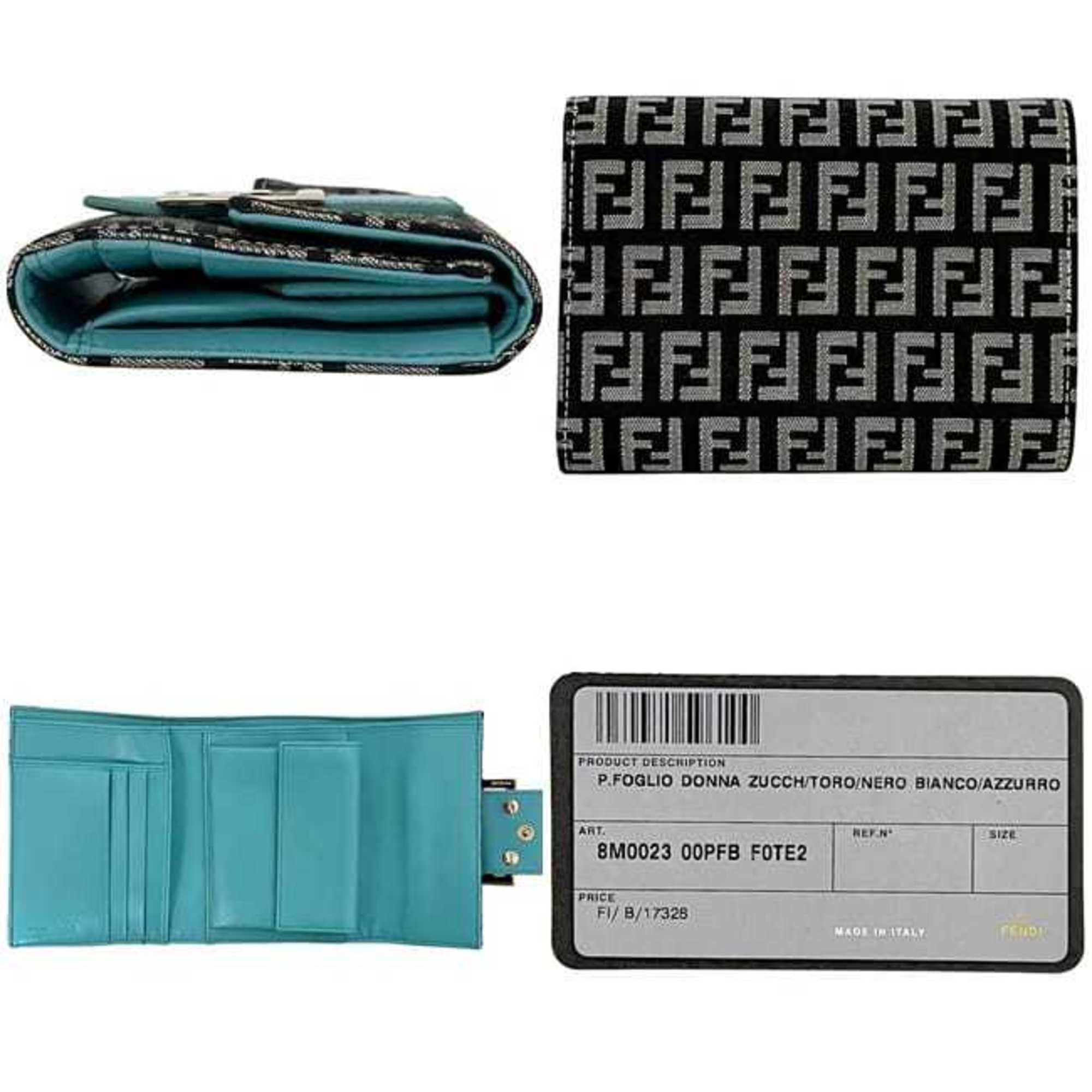 Fendi Zucchino Black Blue Canvas Leather Wallet (Tri-Fold) (Pre-Owned)