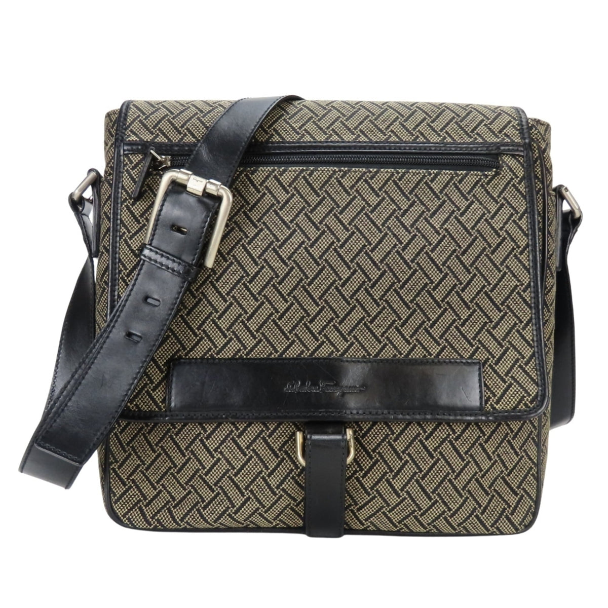 Salvatore Ferragamo Beige Black Canvas Leather Shoulder Bag (Pre-Owned)