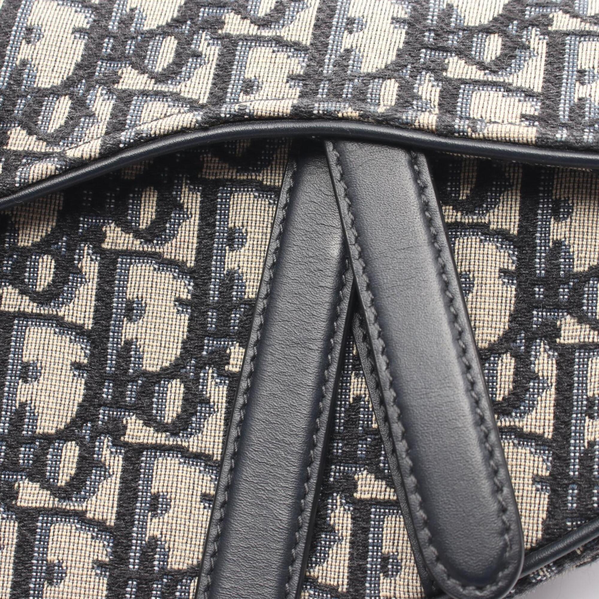 Christian Dior Beige Black Navy Canvas Leather Handbag Saddle Bag (Pre-Owned)