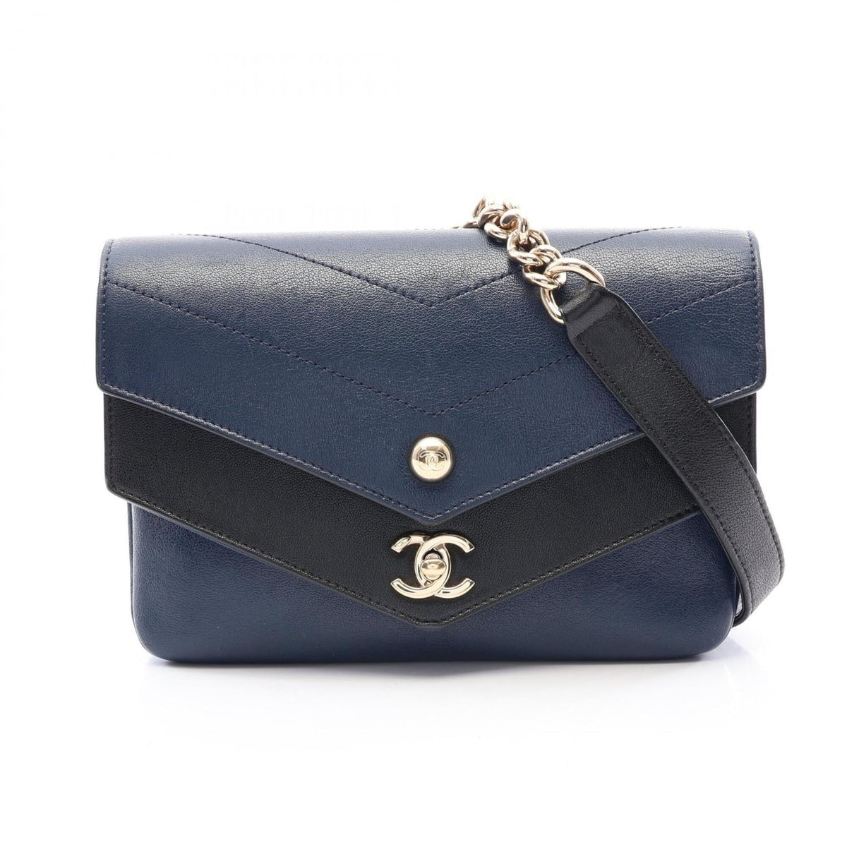 Chanel Chevron (V Stitch) Black Navy Leather Handbag Shoulder Bag (Pre-Owned)