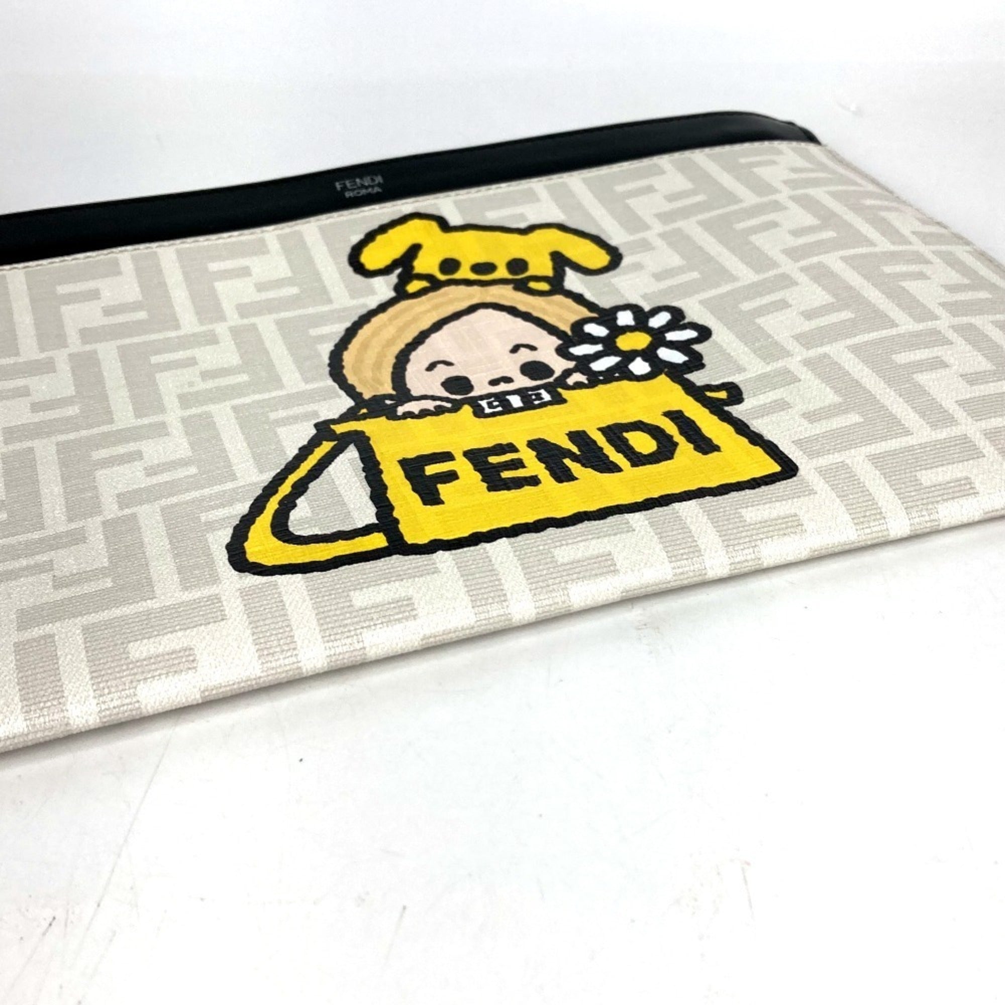 Fendi Zucca Black White Leather Clutch Bag Handbag (Pre-Owned)