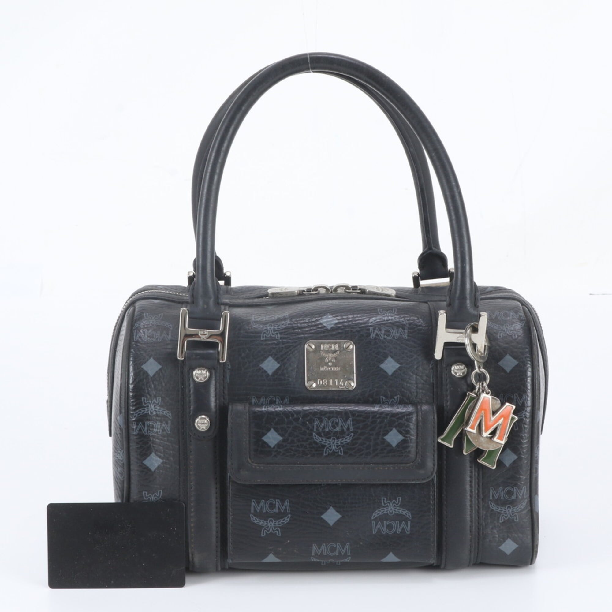 Mcm Black Gray Leather Coated Canvas Boston Bag Handbag Tote Bag (Pre-Owned)