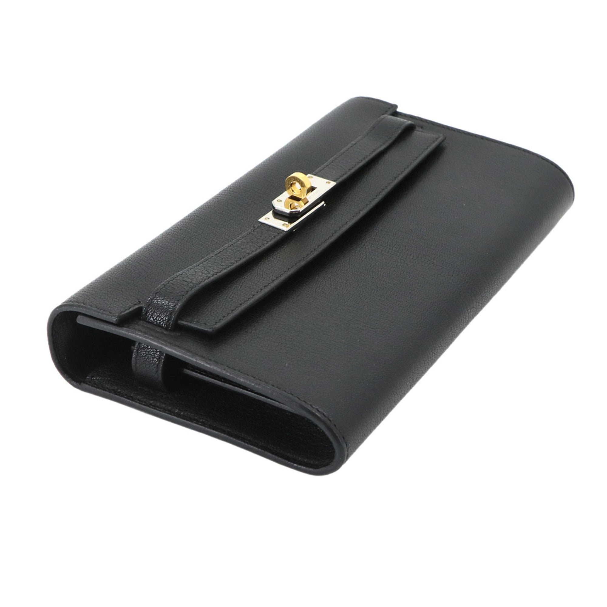 Hermes Kelly Black Chevre Leather Chain/Shoulder Wallet (Pre-Owned)