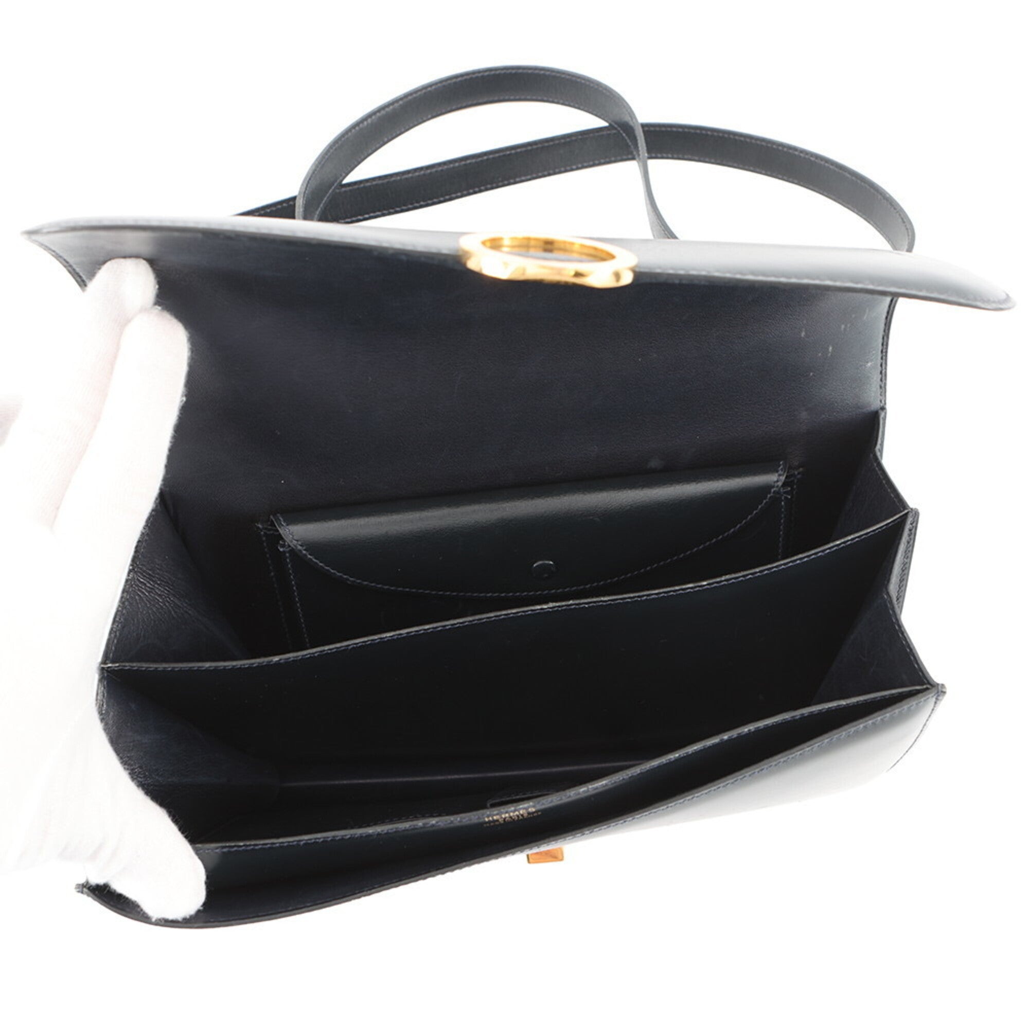 Hermes Navy Box Calf Leather Handbag Shoulder Bag (Pre-Owned)
