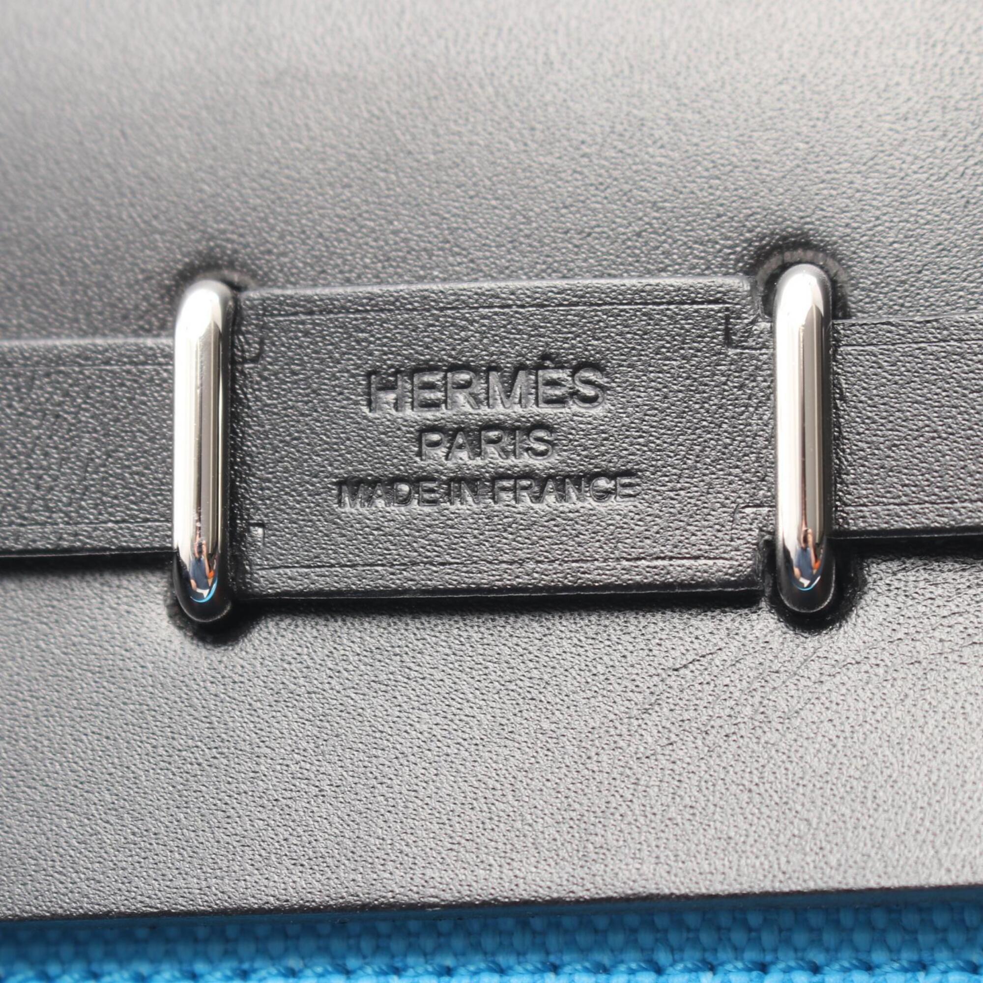 Hermes Black Blue Canvas Leather Handbag Shoulder Bag (Pre-Owned)