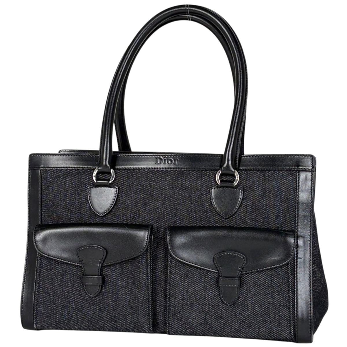 Christian Dior Black Denim Leather Handbag Tote Bag (Pre-Owned)