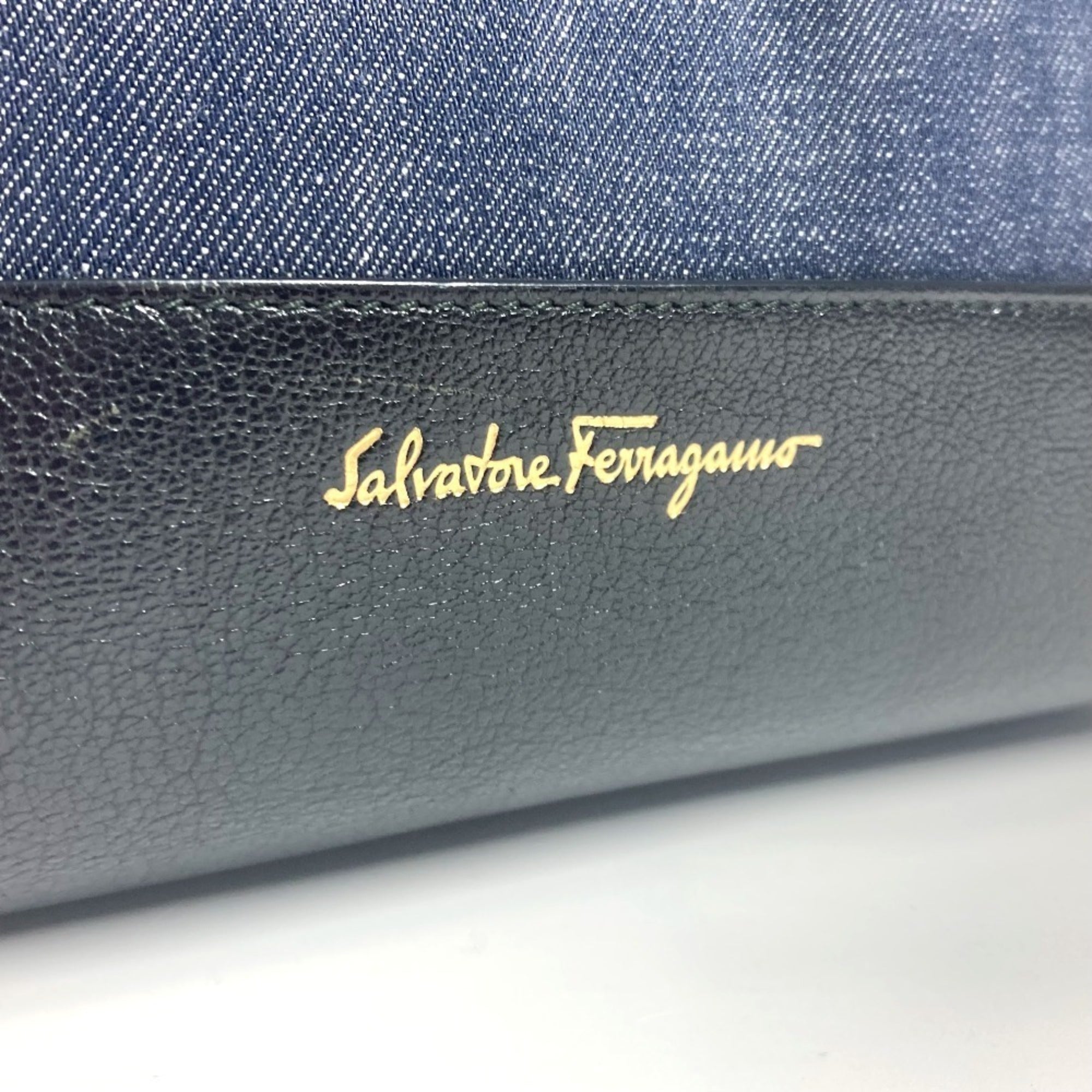 Salvatore Ferragamo Black Blue Denim Leather Handbag Shoulder Bag Tote Bag (Pre-Owned)