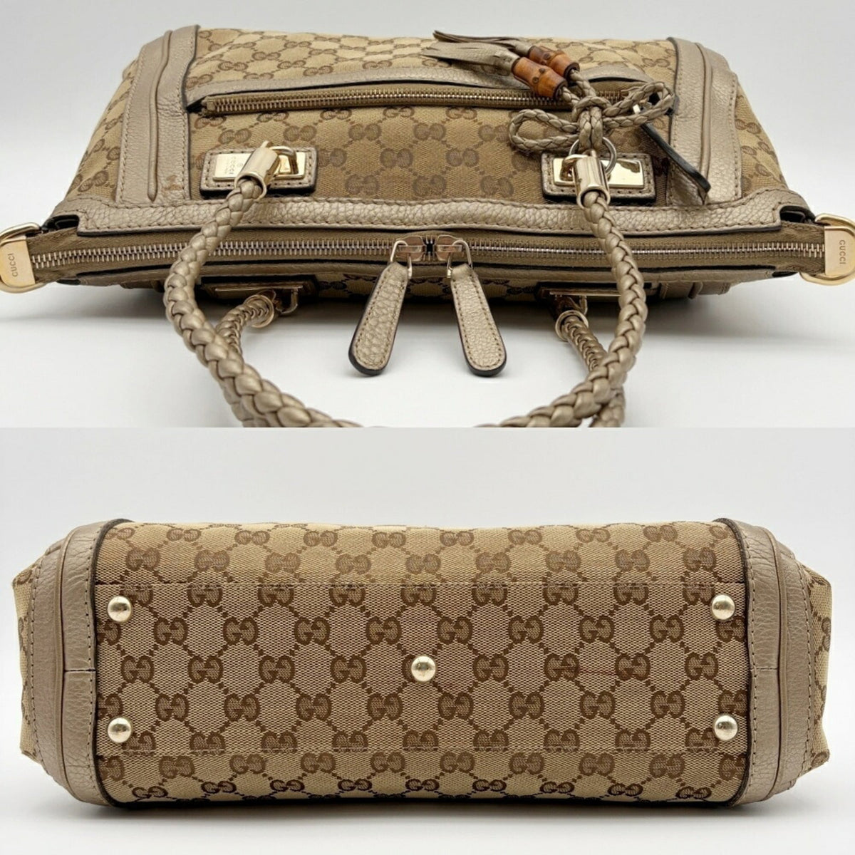 Gucci Gg Canvas Beige Gold Gg Canvas Leather Bamboo Shoulder Bag (Pre-Owned)