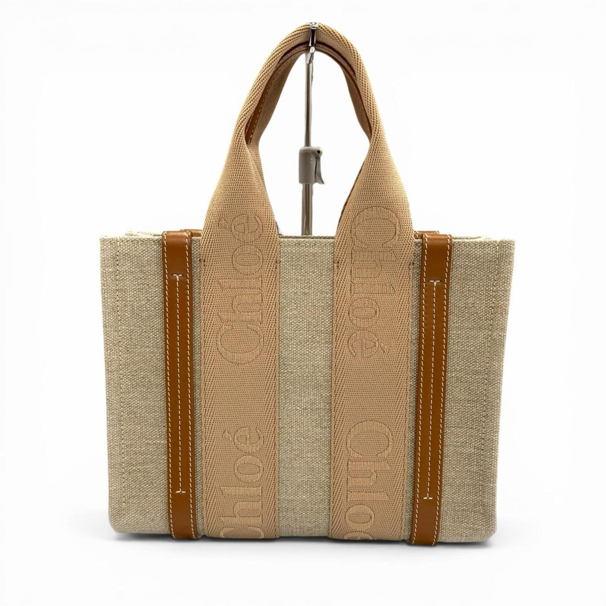 Chloé Beige Leather Linen Handbag Tote Bag (Pre-Owned)