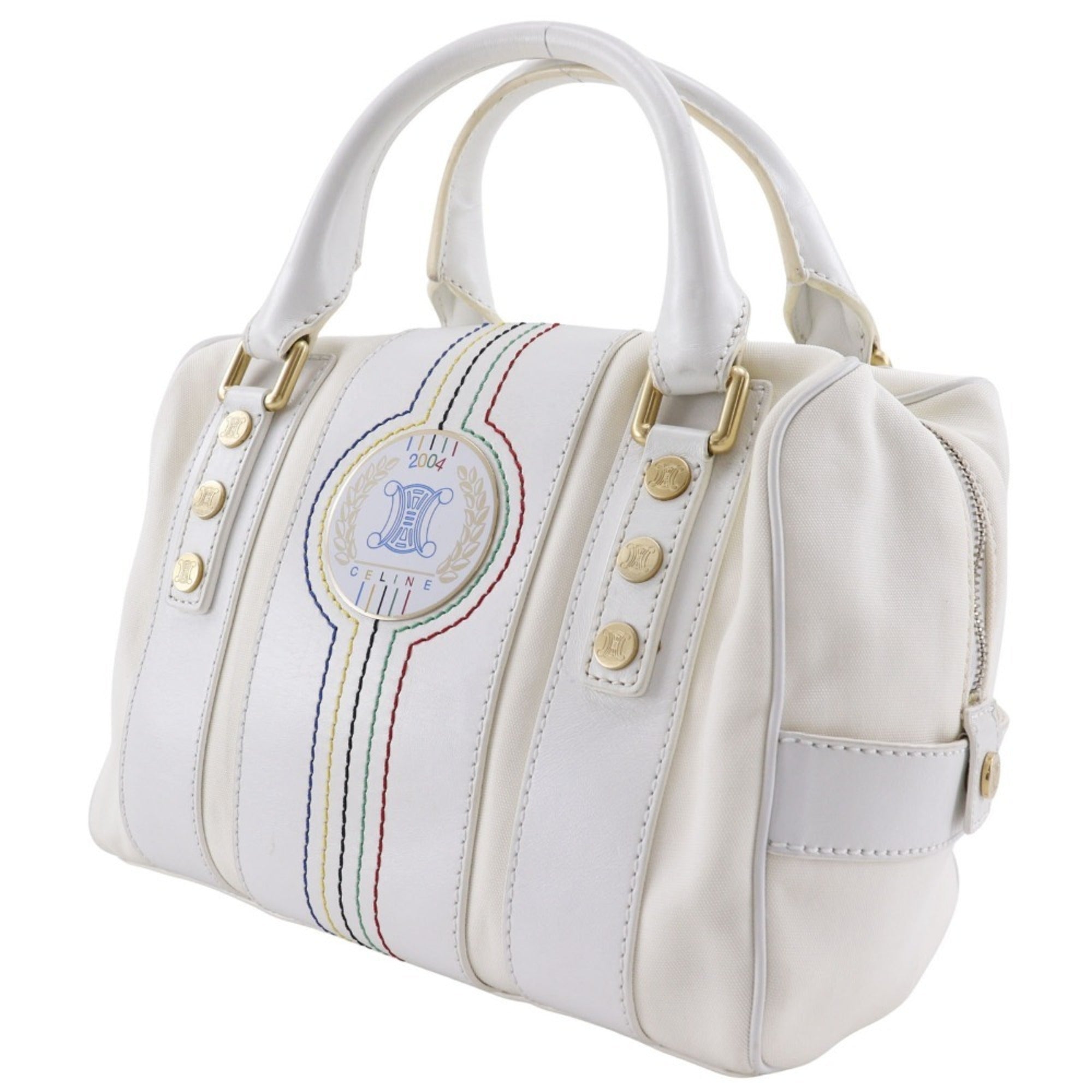 Celine White Nylon Canvas Leather Boston Bag Handbag (Pre-Owned)