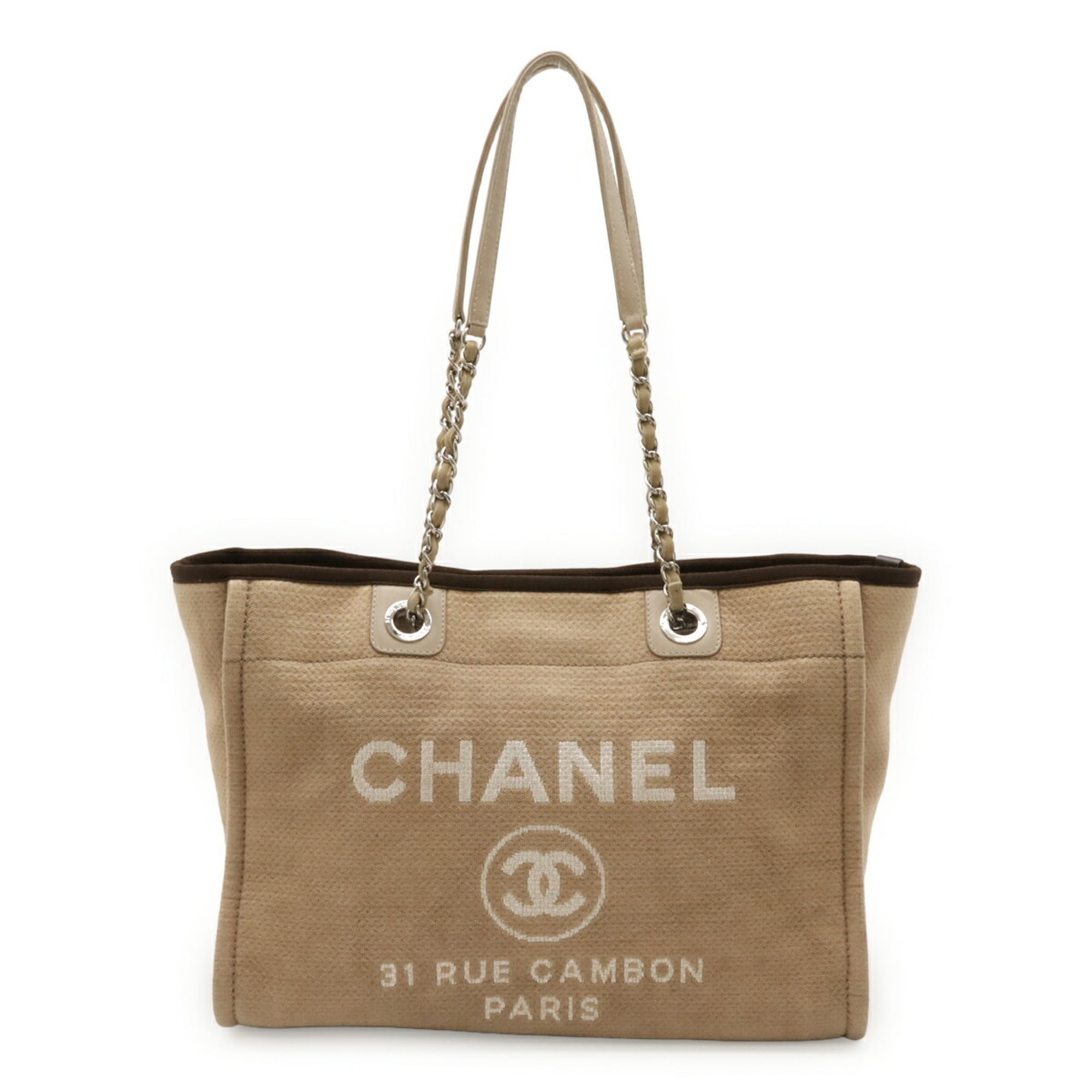 Chanel Beige Brown Canvas Leather Shoulder Bag Tote Bag (Pre-Owned)
