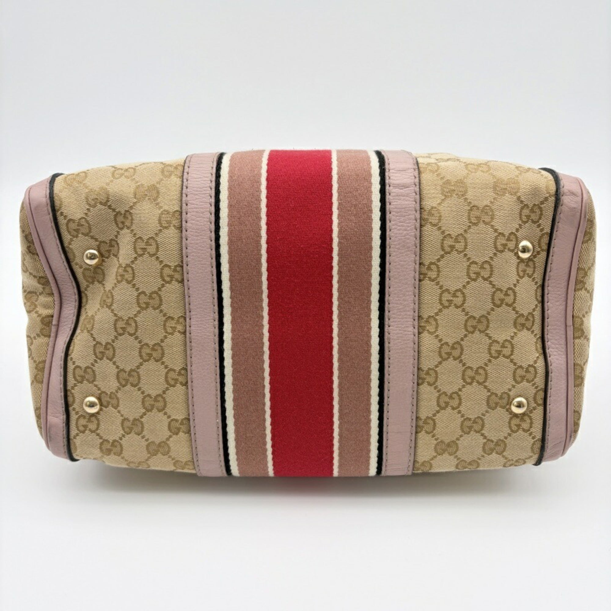 Gucci Sherry Line Beige Pink Canvas Leather Boston Bag (Pre-Owned)