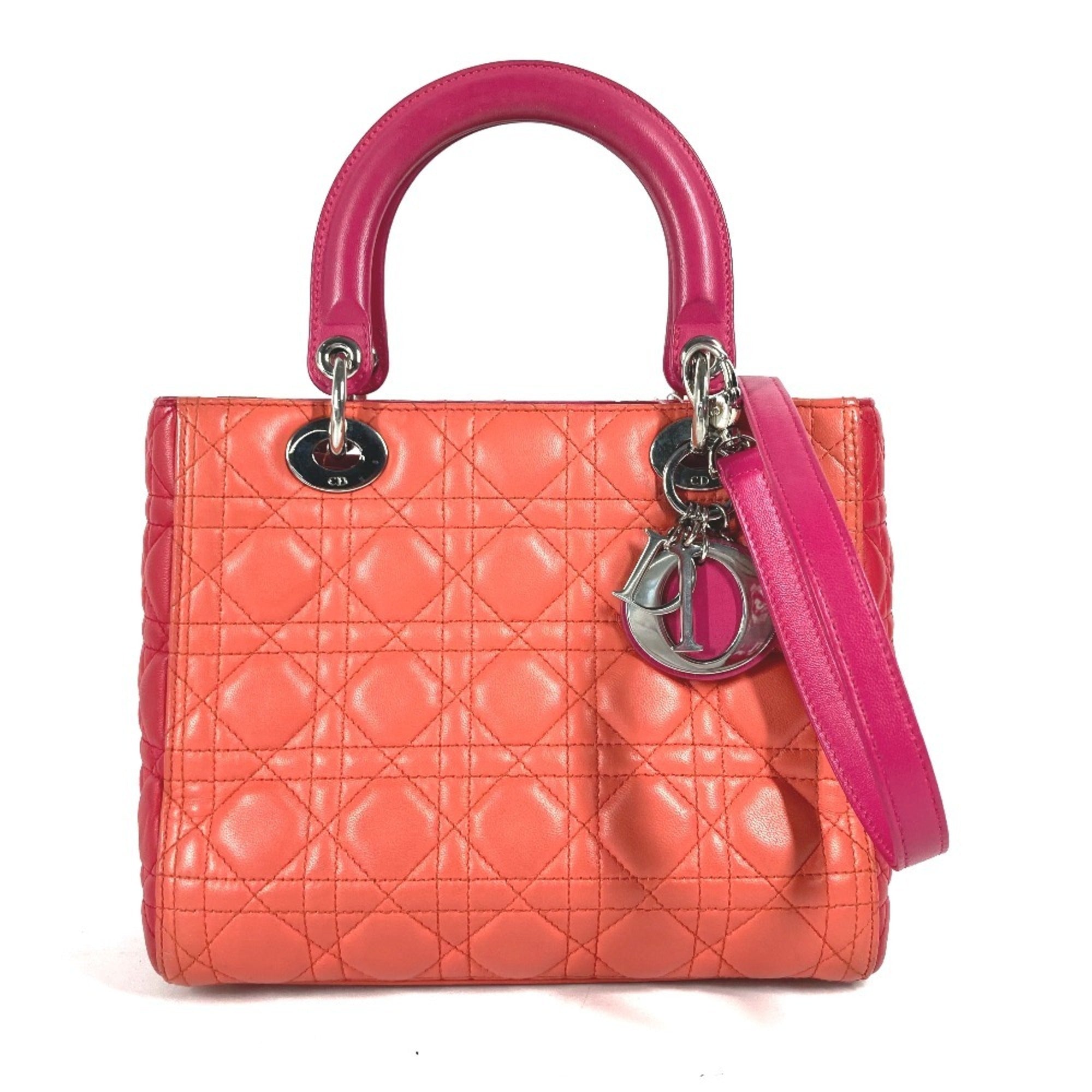 Christian Dior Lady Dior Orange Pink Red Color Leather Handbag Shoulder Bag Tote Bag (Pre-Owned)
