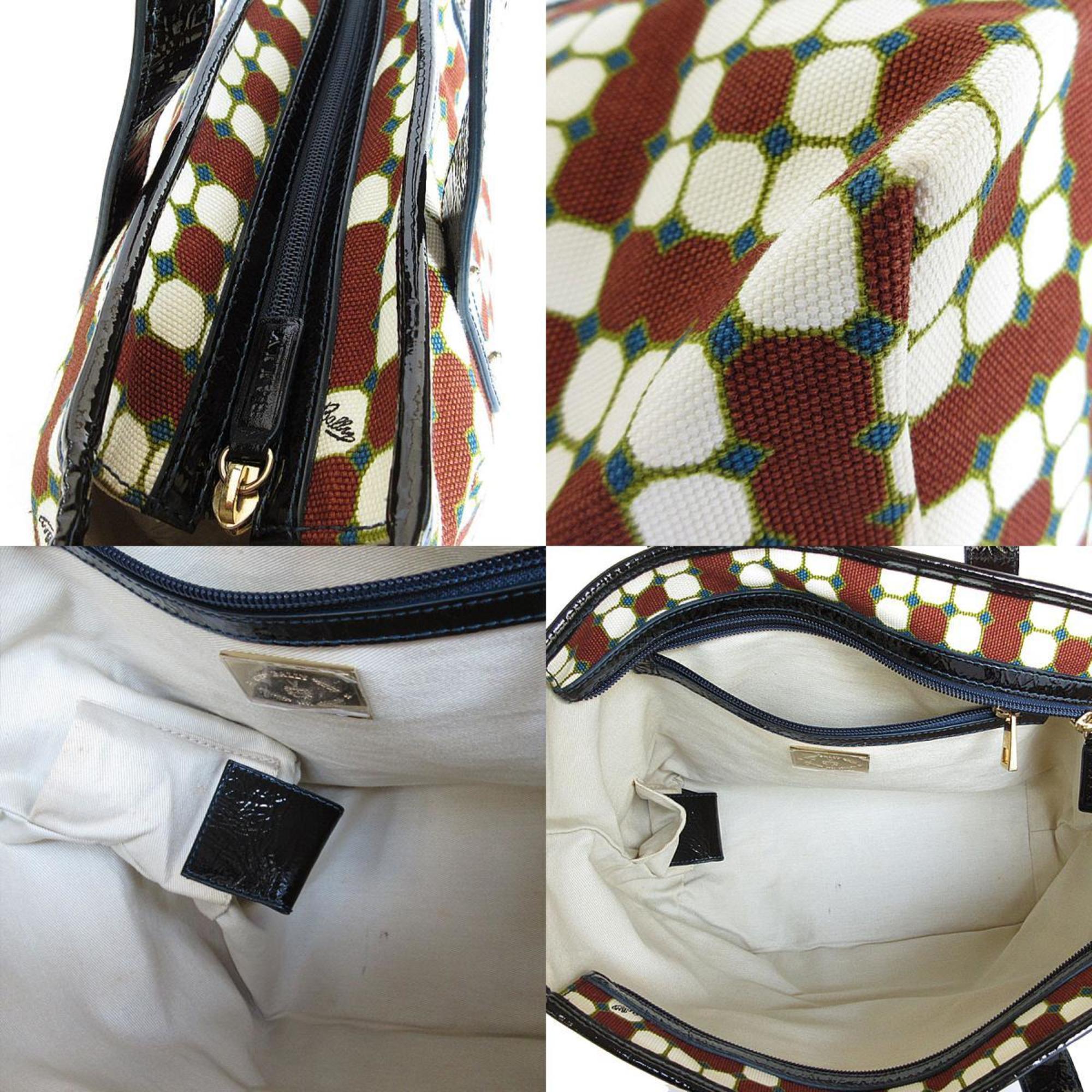 Bally Black Brown Off-White Canvas Patent Leather Handbag Tote Bag (Pre-Owned)