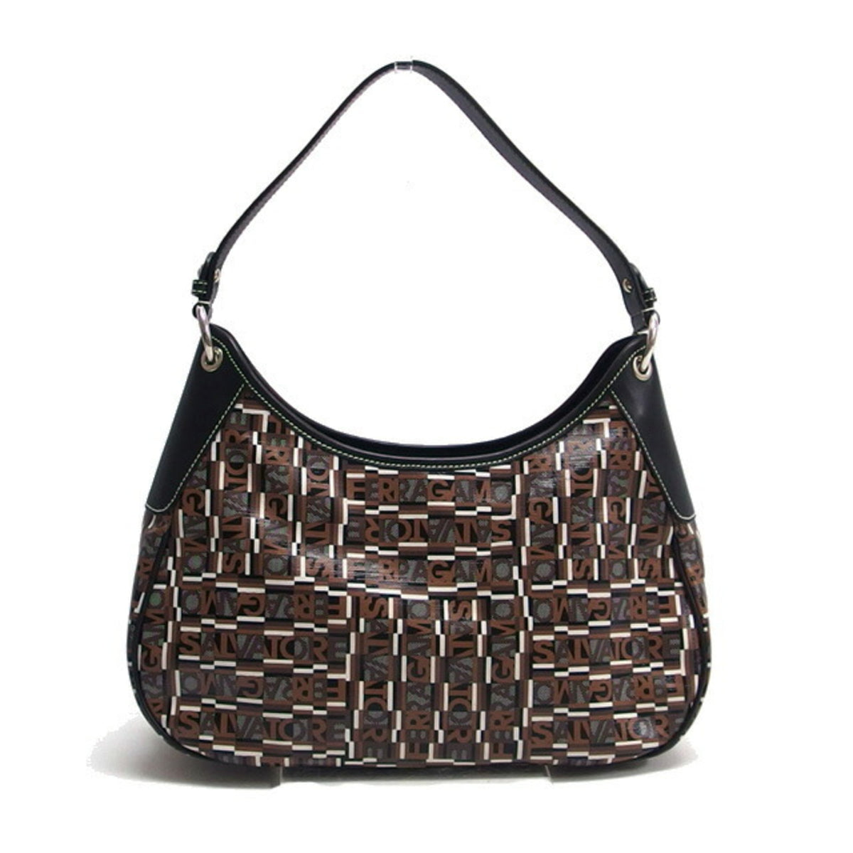 Salvatore Ferragamo Black Dark Brown Multi-Color Coated Canvas Leather Shoulder Bag (Pre-Owned)