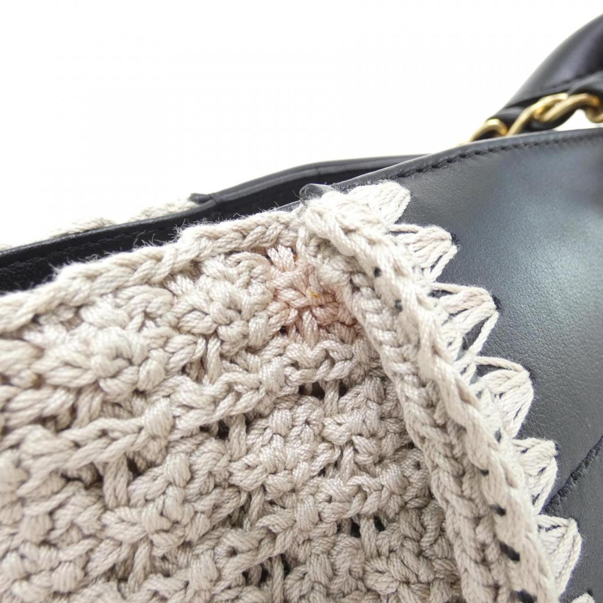 Chanel Black Gray Leather Knit Handbag (Pre-Owned)