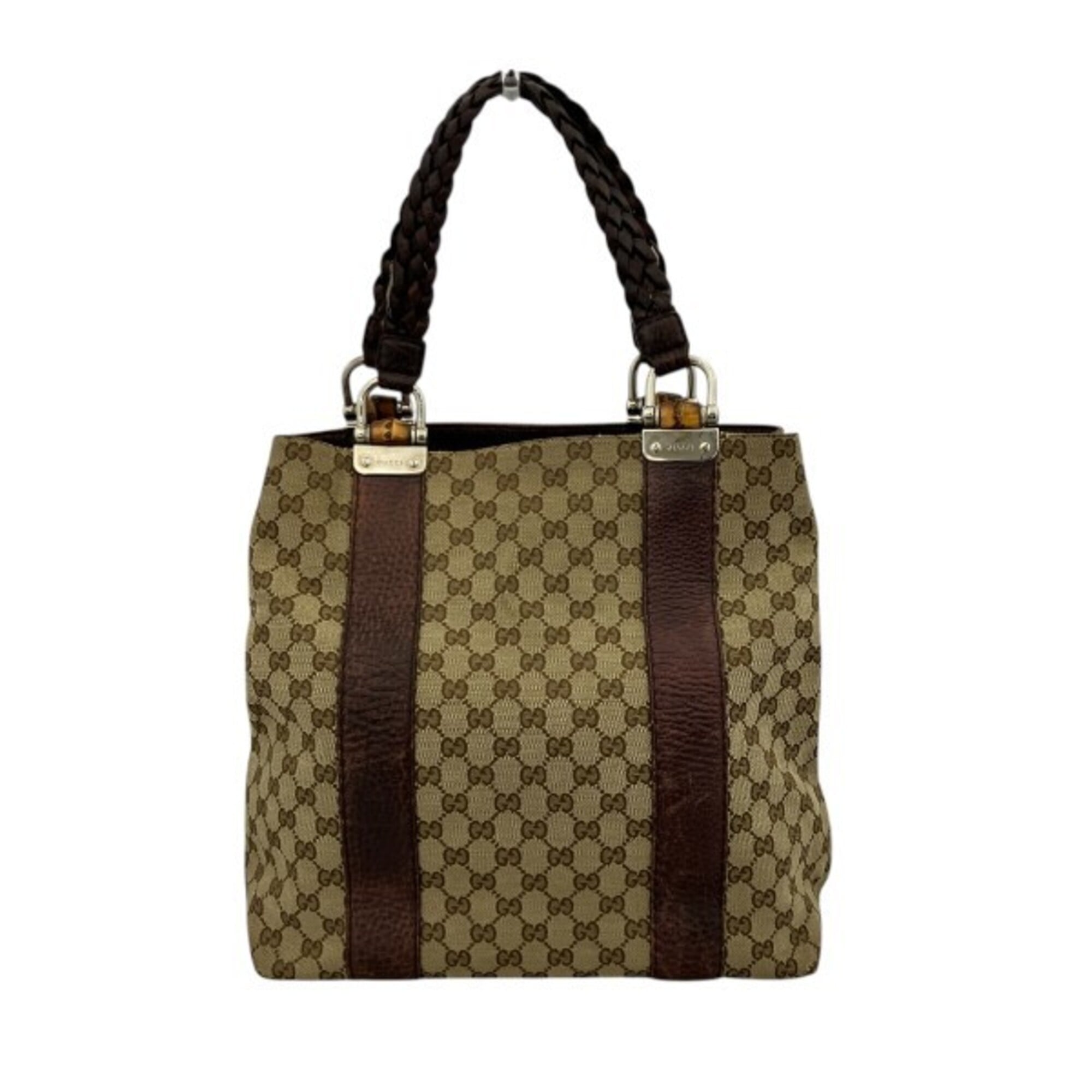 Gucci Beige Brown Canvas Leather Handbag Tote Bag (Pre-Owned)