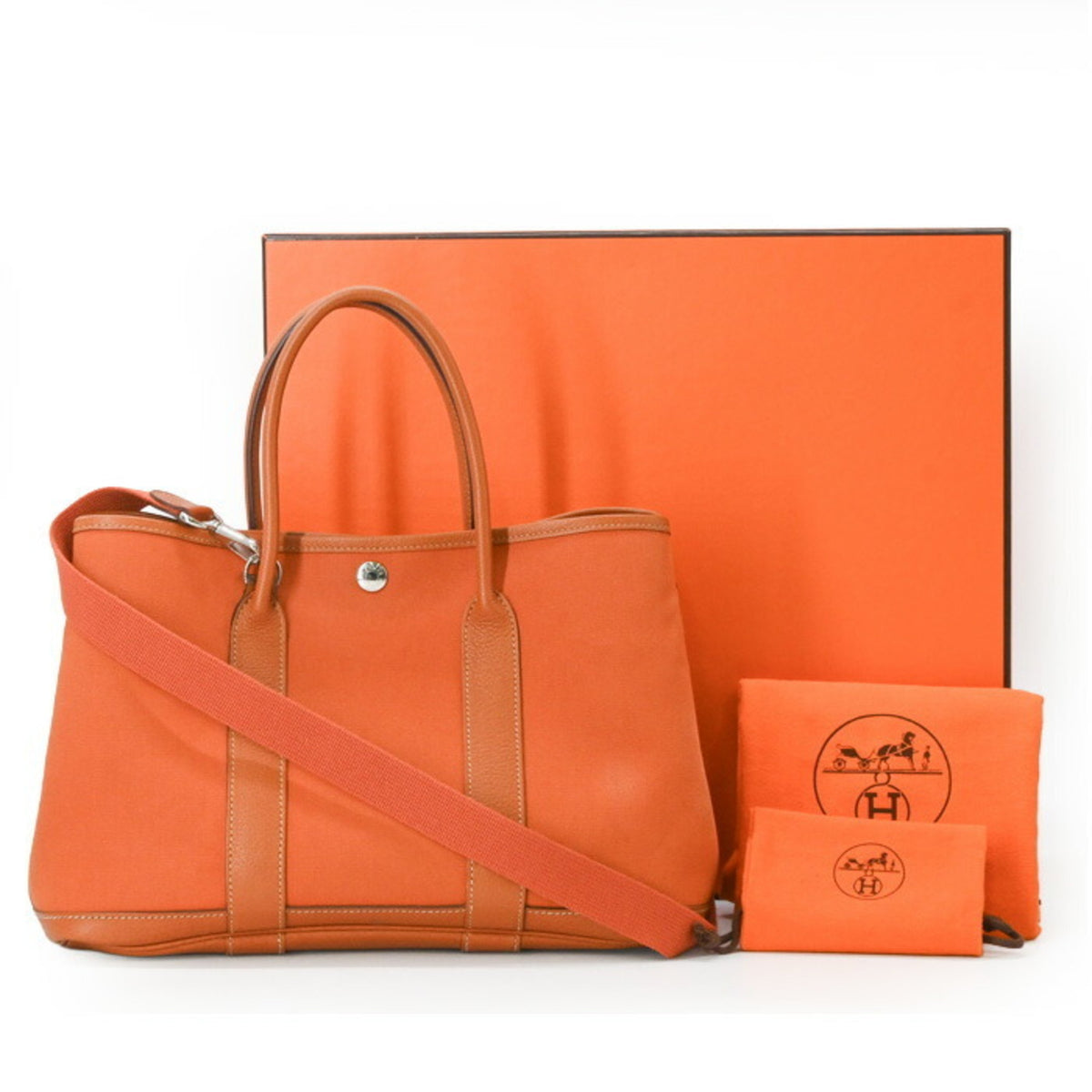 Hermes Garden Brown Orange Negonda Leather Canvas Handbag Tote Bag (Pre-Owned)