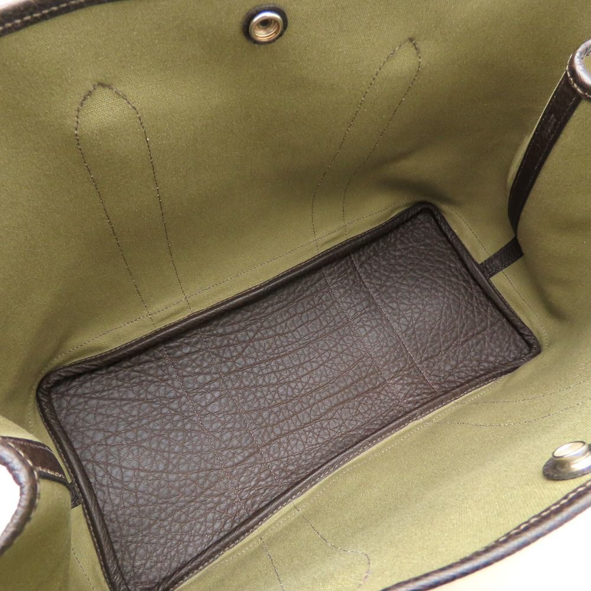 Hermes Garden Dark Brown Khaki Buffalo Leather Toile Officier Handbag (Pre-Owned)