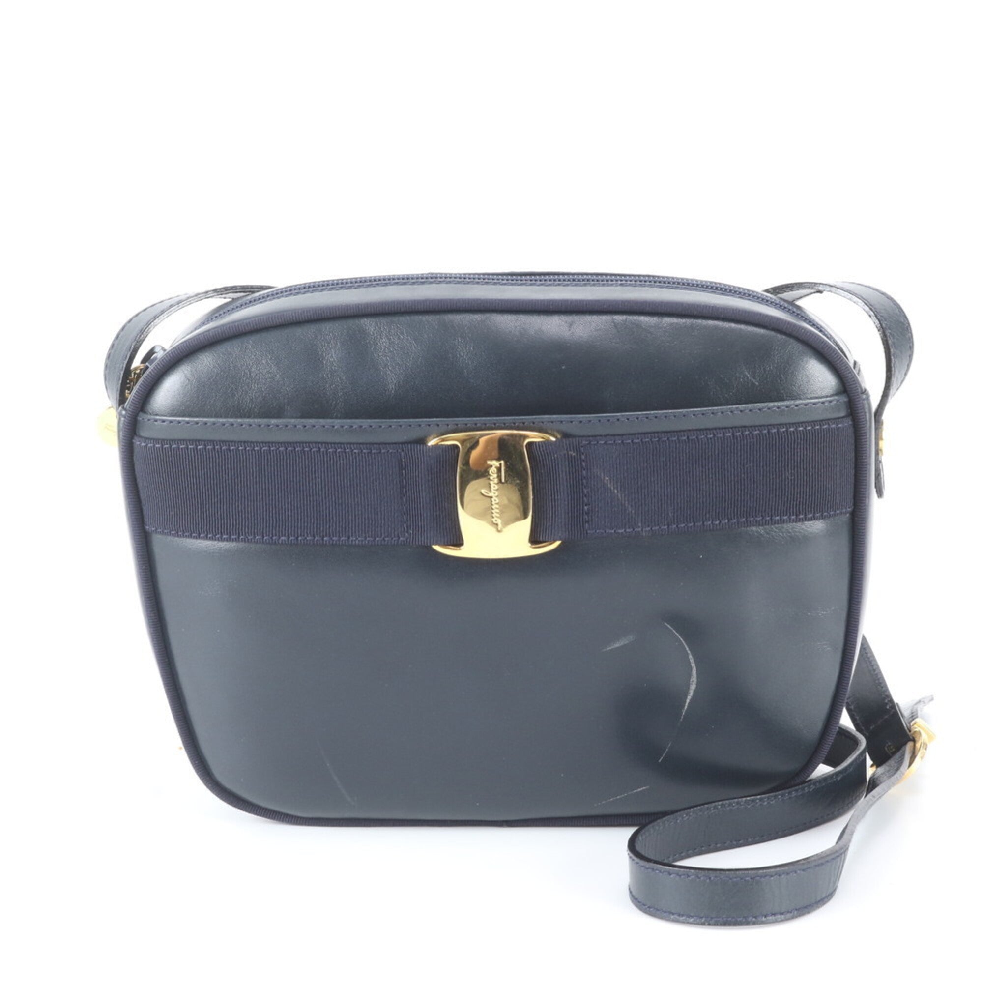 Salvatore Ferragamo Navy Leather Handbag Shoulder Bag Tote Bag (Pre-Owned)