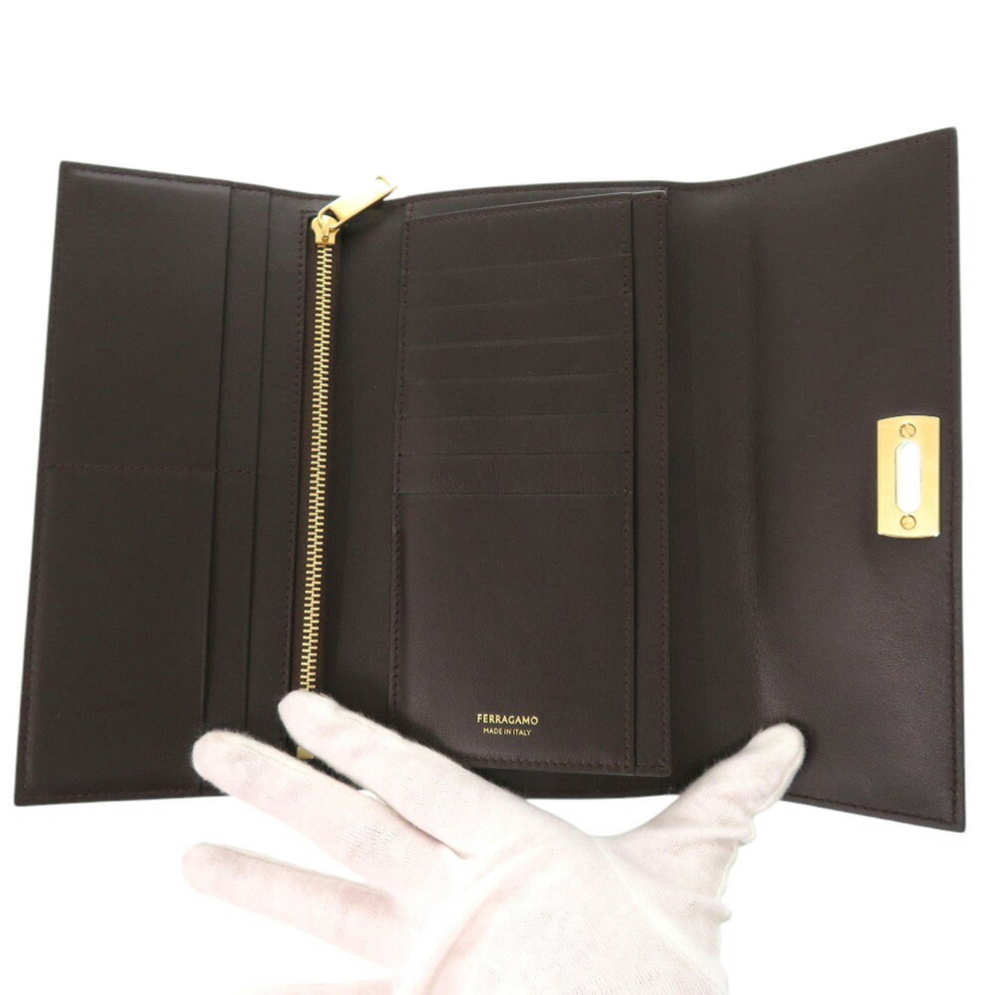 Salvatore Ferragamo Black Brown Leather Long Wallet (Bi-Fold) (Pre-Owned)