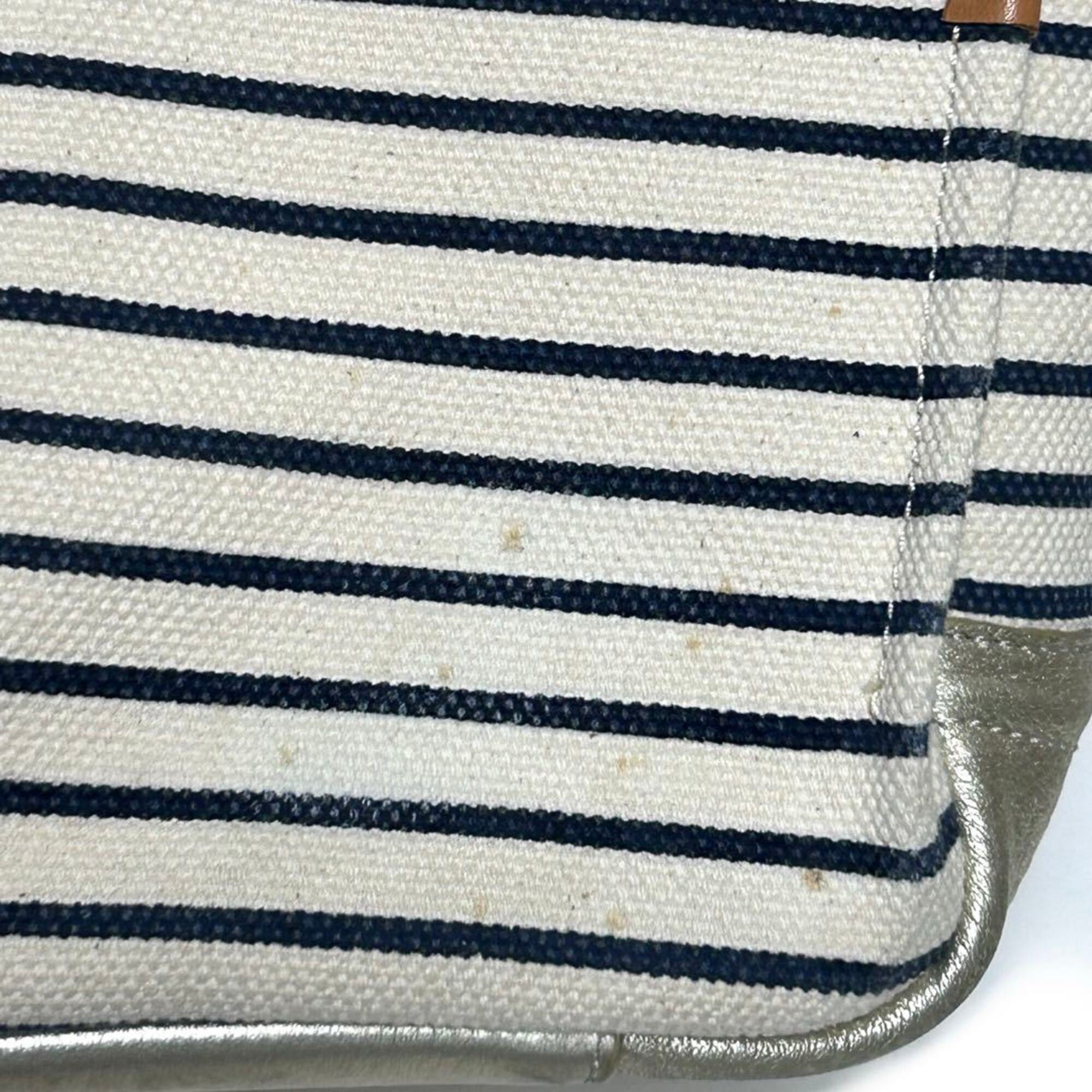 Tory Burch Navy White Canvas Leather Tote Bag (Pre-Owned)