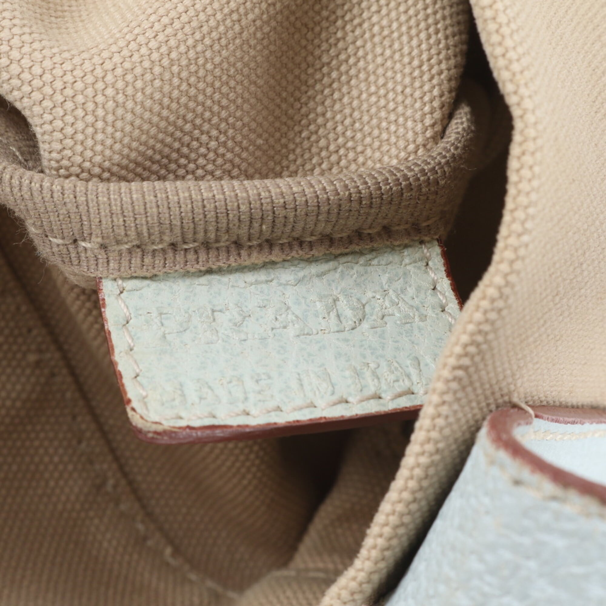 Prada Beige Blue Leather Canvas Handbag Tote Bag (Pre-Owned)