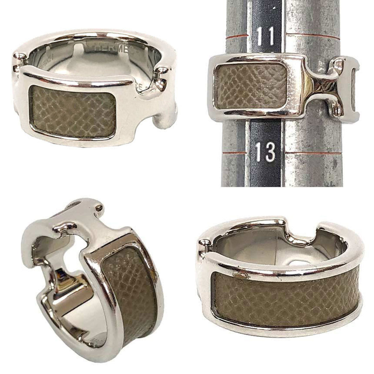 Hermes Silver Etoupe Gray Leather Metal Band Ring (Pre-Owned)