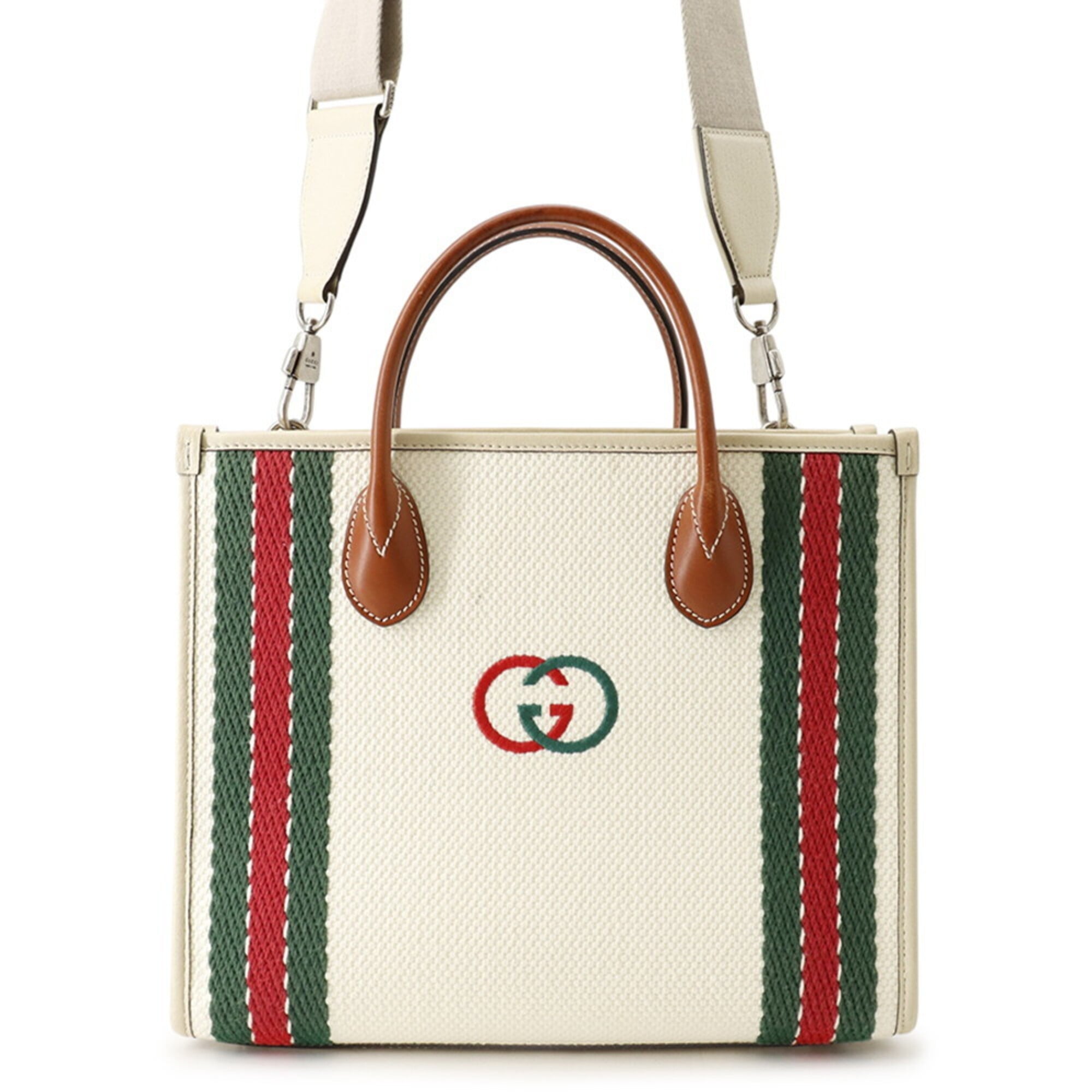 Gucci Multi-Color White Canvas Leather Handbag Tote Bag (Pre-Owned)