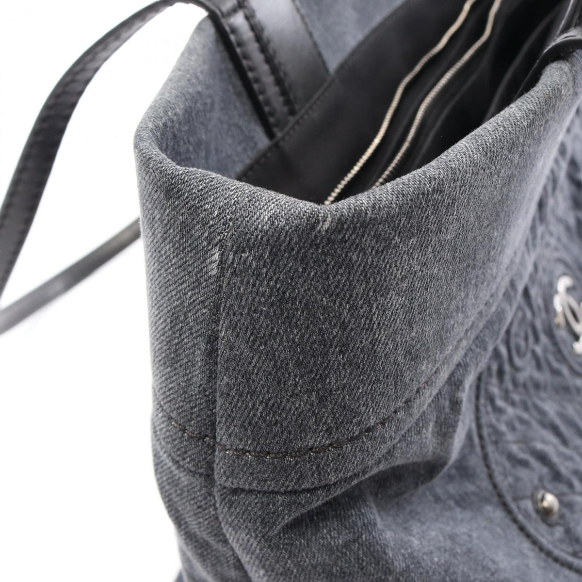 Chanel Black Navy Denim Leather Handbag Tote Bag (Pre-Owned)
