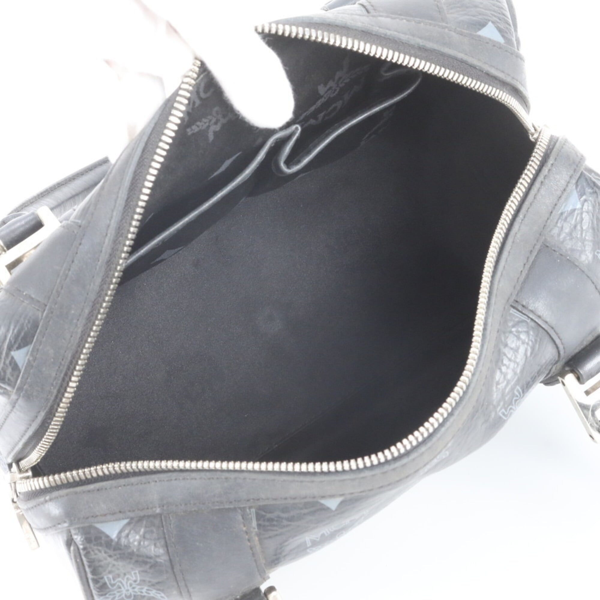 Mcm Black Gray Leather Coated Canvas Boston Bag Handbag Tote Bag (Pre-Owned)