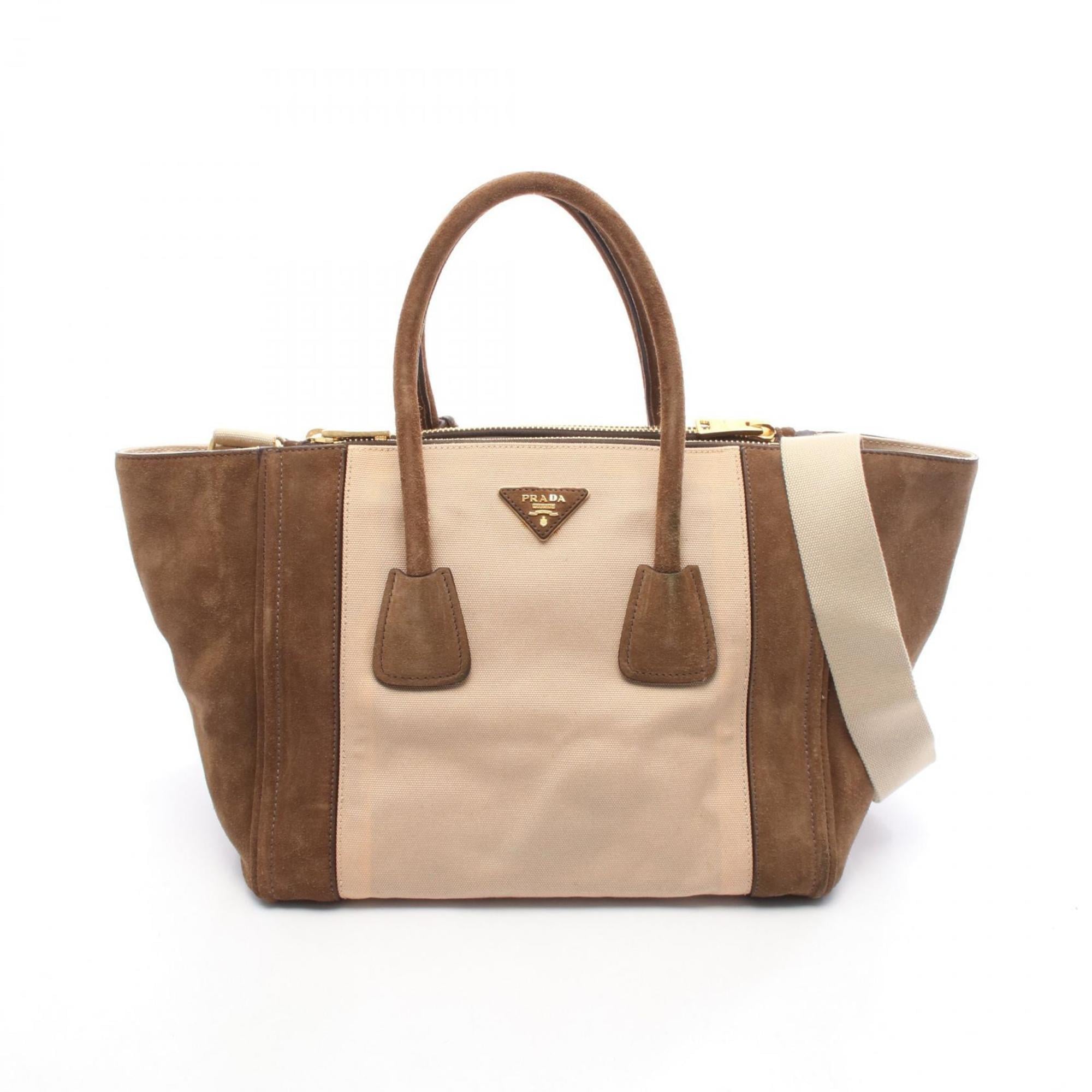 Prada Beige Brown Canvas Suede Handbag (Pre-Owned)