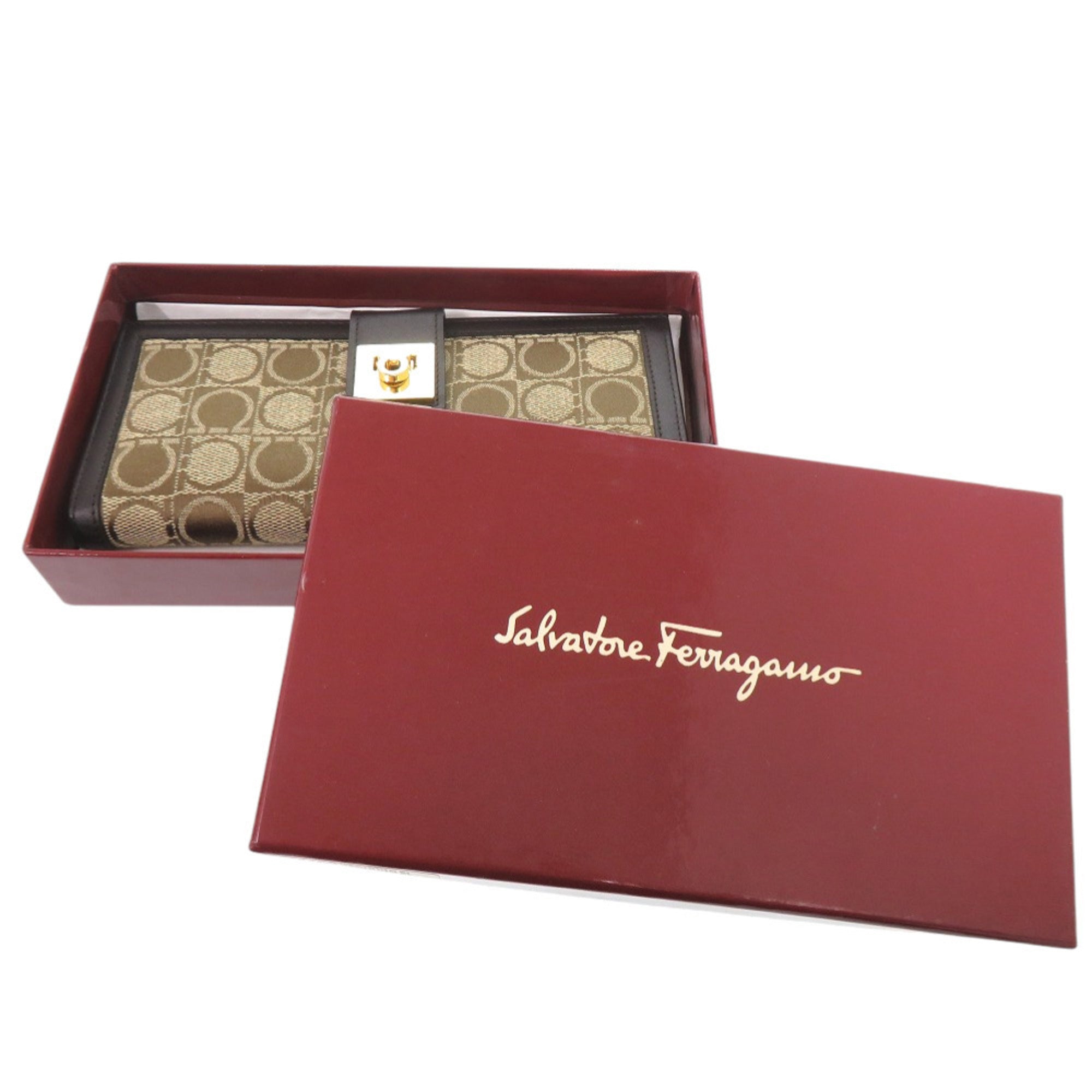 Salvatore Ferragamo Beige Brown Jacquard Leather Long Wallet (Tri-Fold) (Pre-Owned)