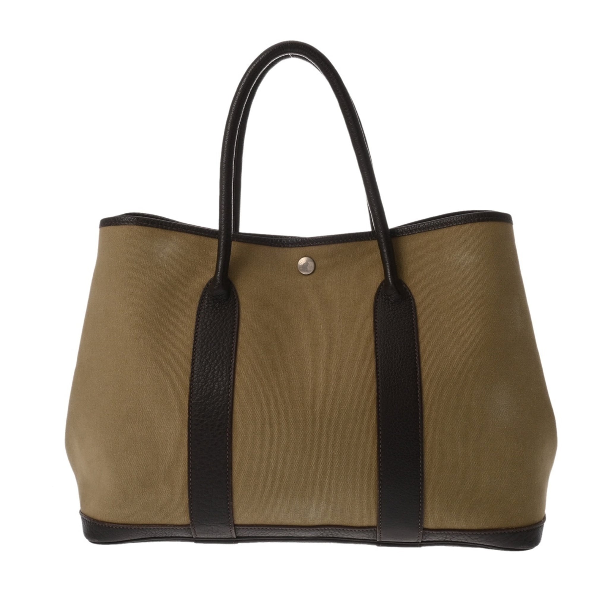 Hermes Garden Khaki Brown Toile Officier Leather Handbag (Pre-Owned)