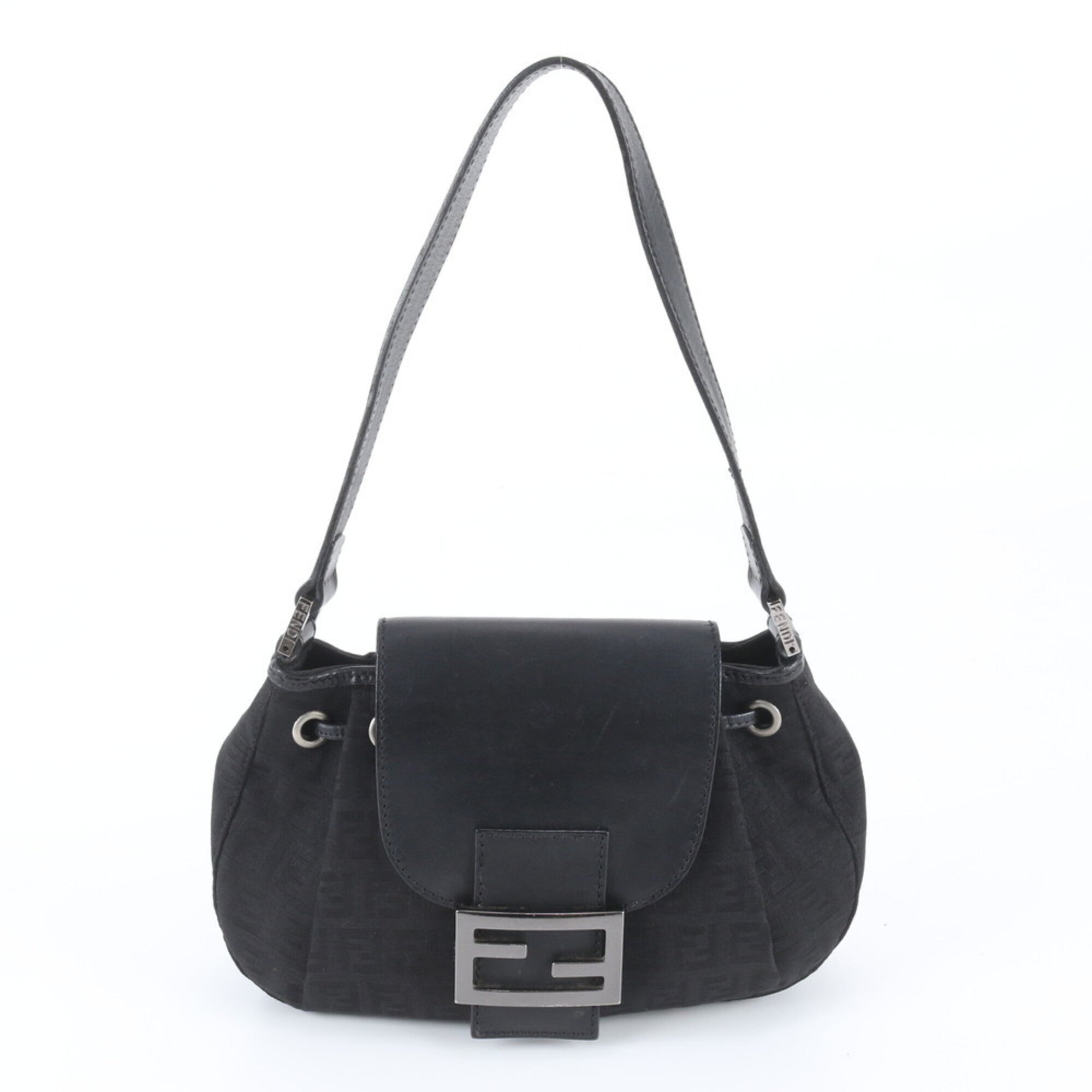 Fendi Black Leather Canvas Handbag Shoulder Bag Tote Bag (Pre-Owned)