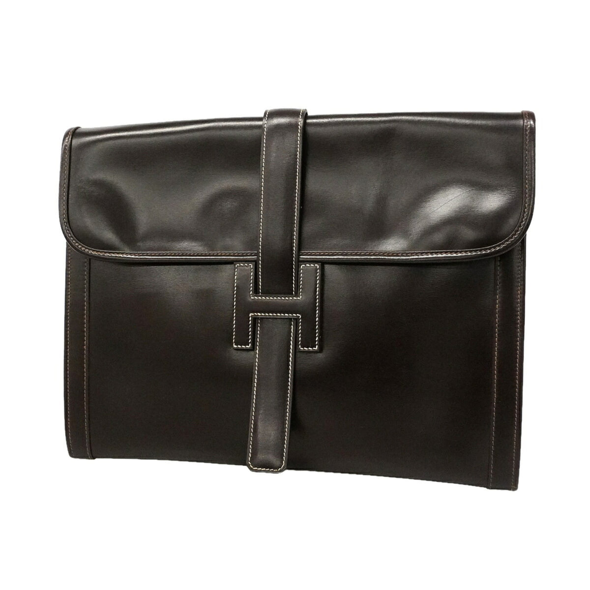 Hermes Dark Brown Box Calf Leather Clutch Bag (Pre-Owned)