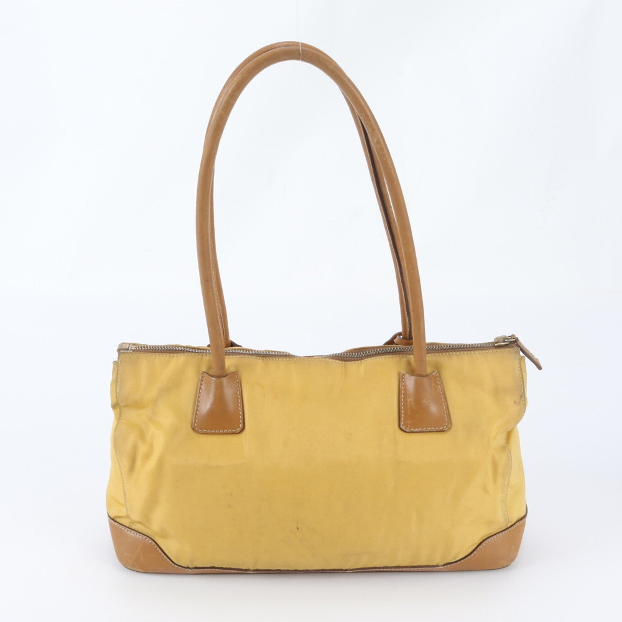 Prada Brown Yellow Nylon Leather Handbag Shoulder Bag Tote Bag (Pre-Owned)