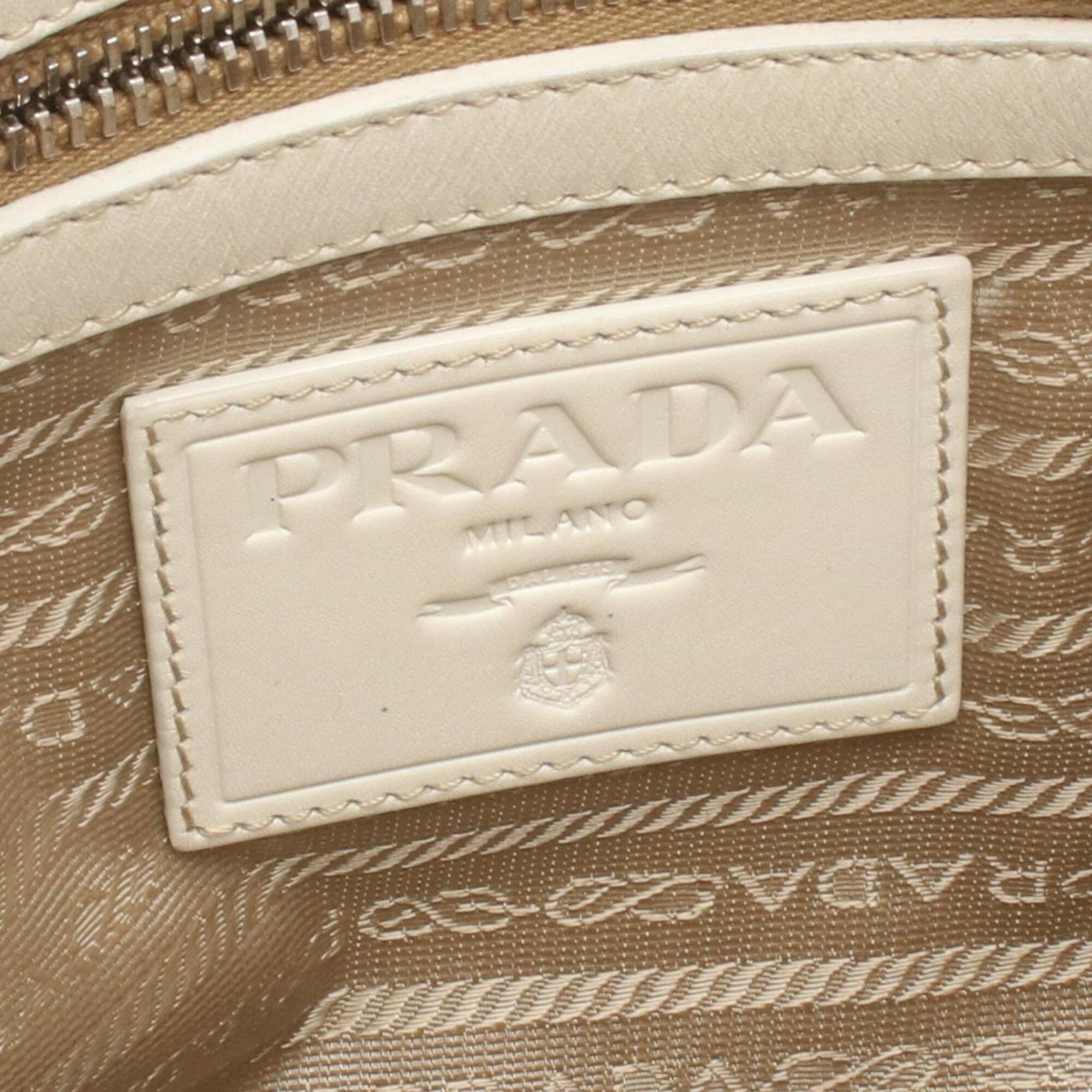 Prada Beige Ivory Canvas Leather Handbag Shoulder Bag (Pre-Owned)