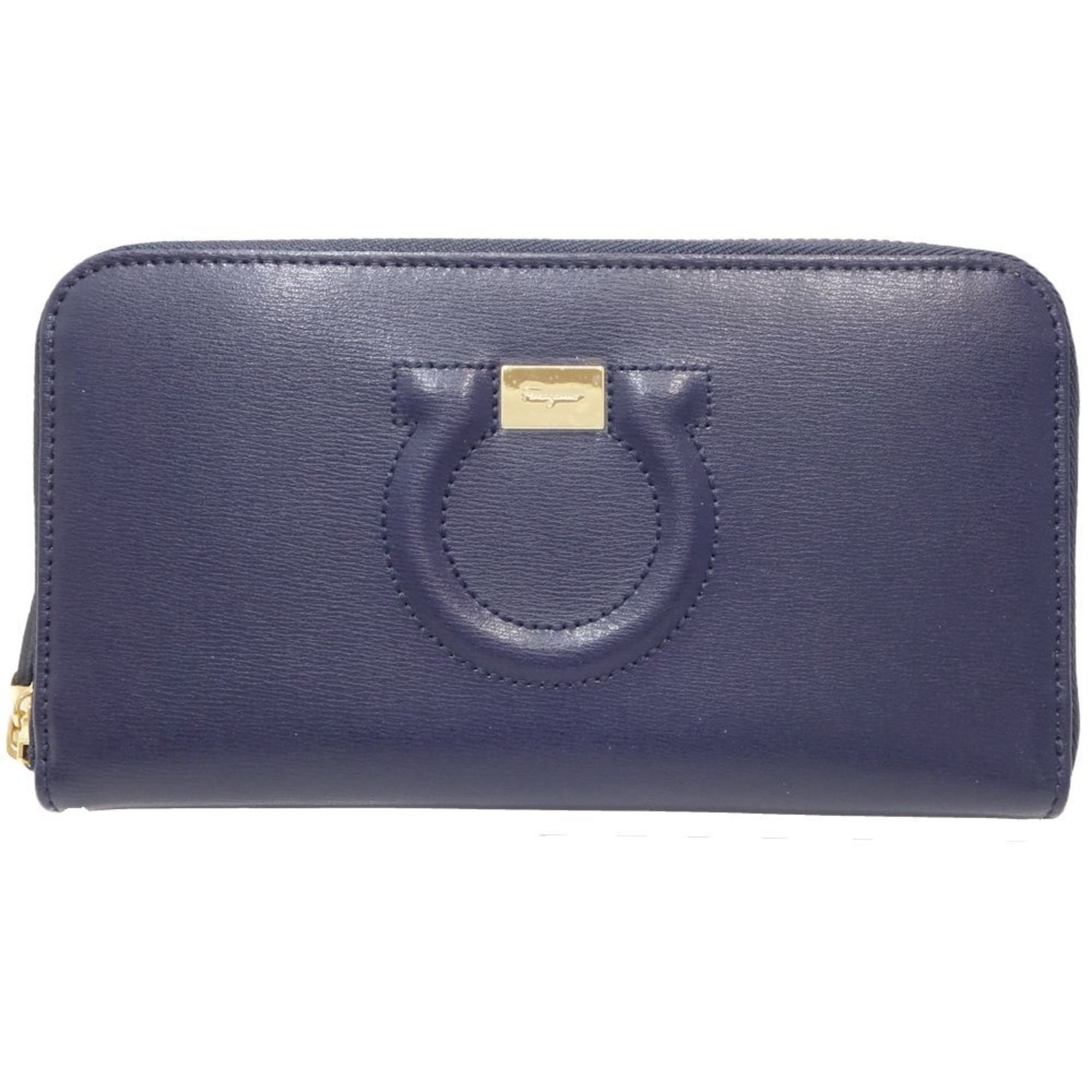 Salvatore Ferragamo Navy Leather Long Wallet (Bi-Fold) (Pre-Owned)