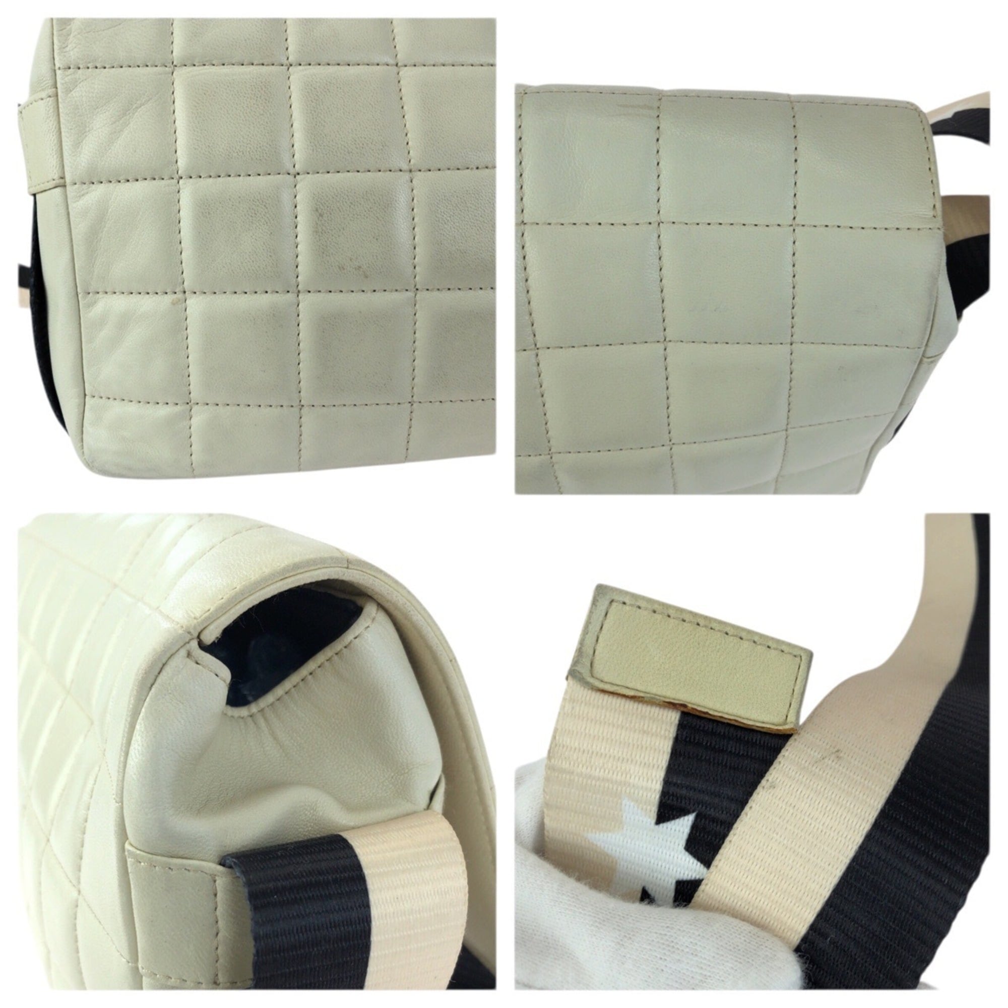 Chanel Black Off-White Leather Messenger Bag Shoulder Bag (Pre-Owned)