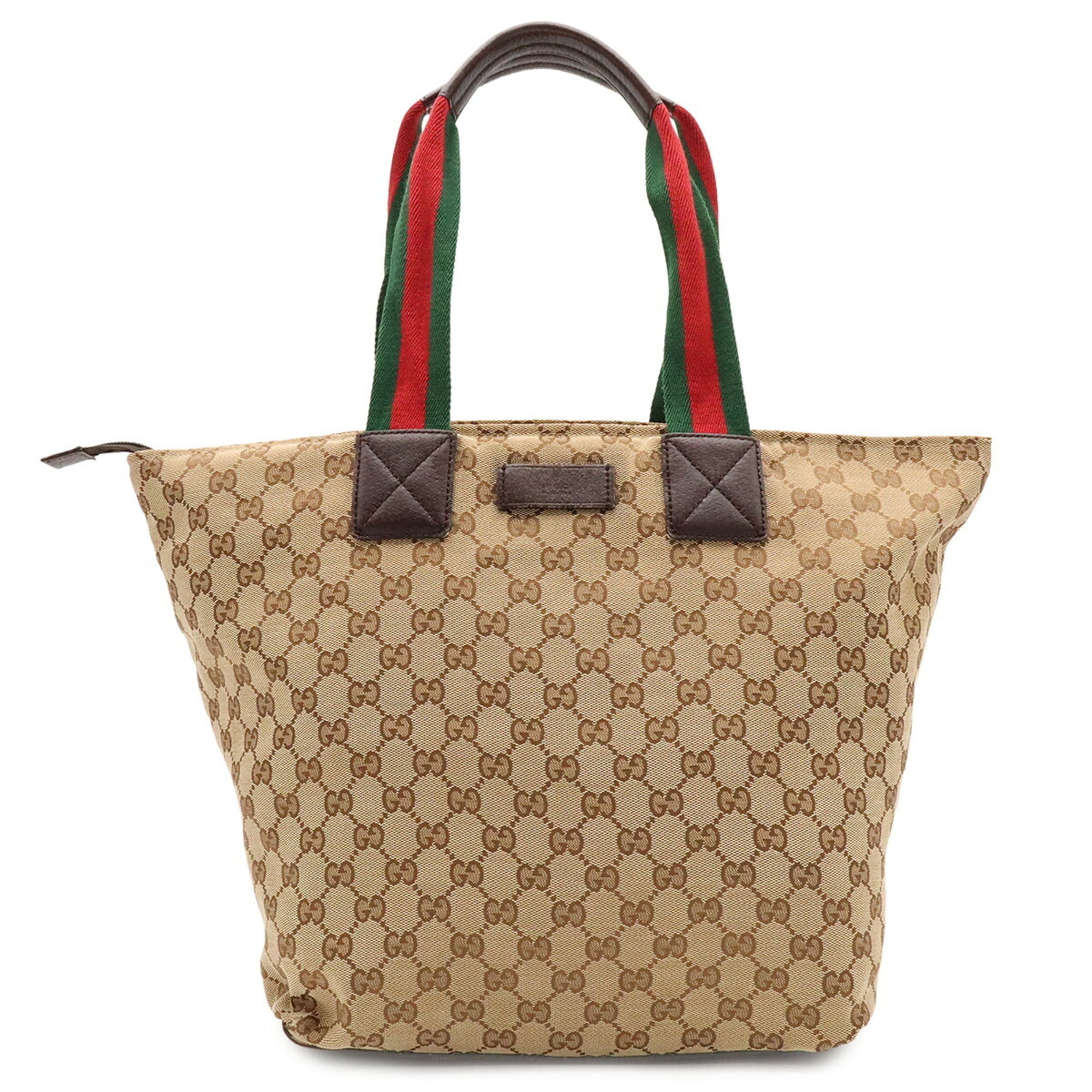 Gucci Beige Dark Brown Green Red Color Nylon Canvas Leather Shoulder Bag Tote Bag (Pre-Owned)